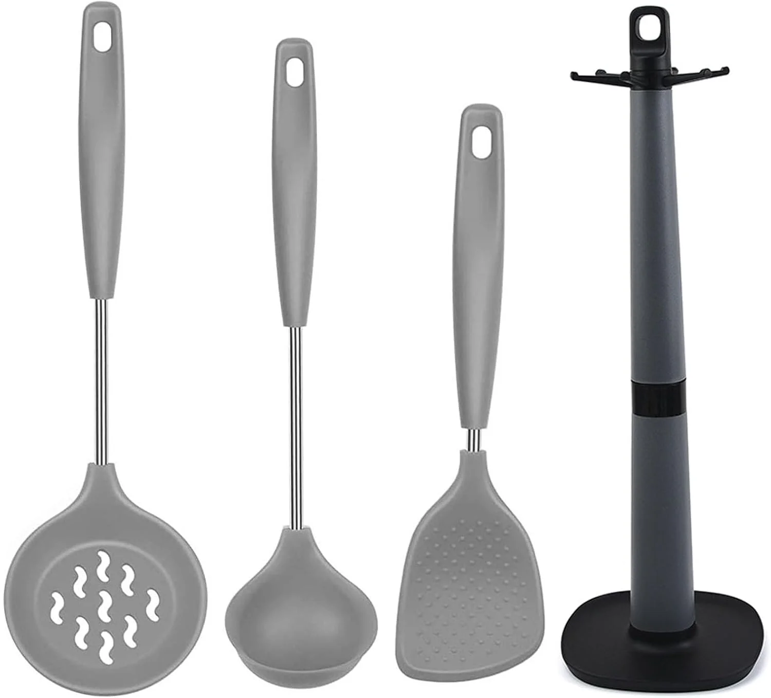 ست ملاقه و کفگیر نچسب WOODTULA برای آشپزخانه، شامل قاشق برنج، کفگیر، ملاقه دوسا، کفگیر تخت، پایه ملاقه، ملاقه برای پخت و پز، قاشق نودل، کفگیر برنج، کارچی برای پخت و پز، پاروی برنج (ست 4 عددی، خاکستری)