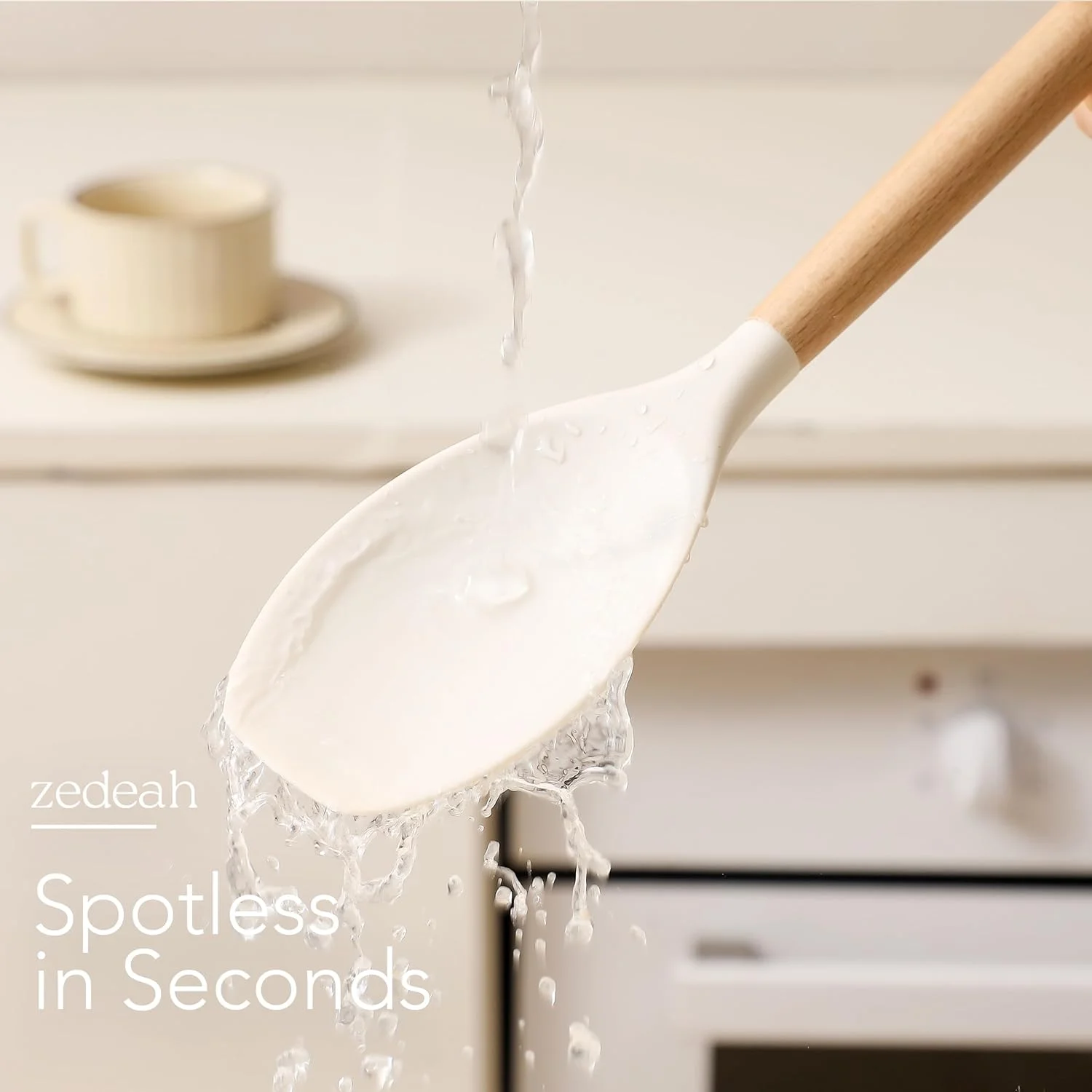 ست 11 تکه لوازم آشپزخانه سیلیکونی ZEDEAH شامل کفگیر، انبر، همزن، برگردان و ملاقه - مقاوم در برابر حرارت، ابزار پخت و پز بدون خراش با دسته های چوبی، قابل شستشو در ماشین ظرفشویی، بدون BPA (بژ)