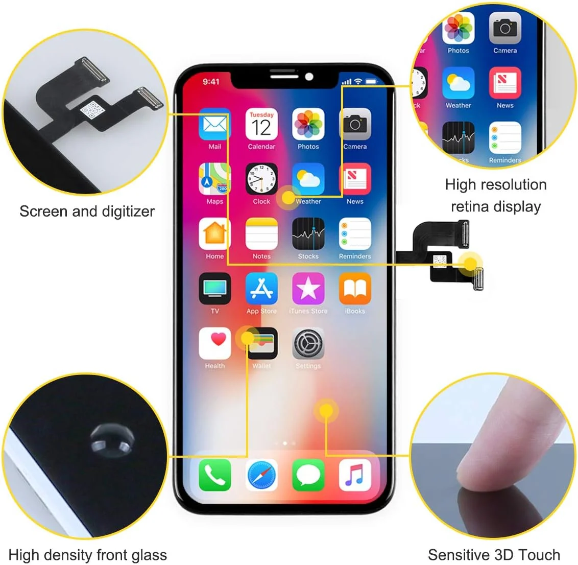 قطعات جایگزین صفحه نمایش مشکی آیفون X، مجموعه پنل جلویی نمایشگر OLED قطعات جایگزین صفحه نمایش مشکی آیفون X، مجموعه پنل جلویی نمایشگر OLED