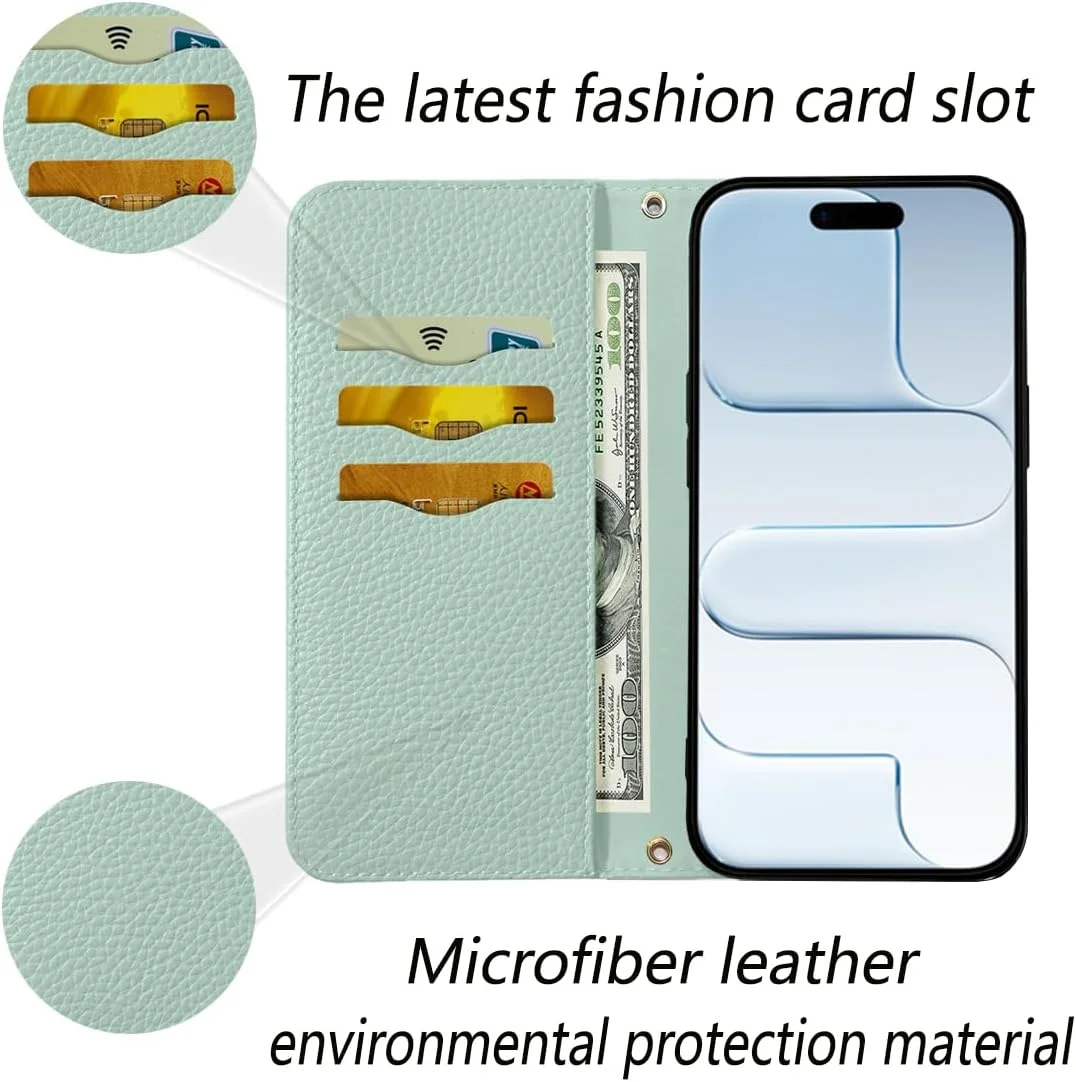 کیف چرمی NanHou مدل Air مناسب برای آیفون 17، کیف پول تاشو با مسدود کننده RFID، بست مغناطیسی، استند، بند مچی، جای کارت، کاور ضد ضربه - سبز روشن