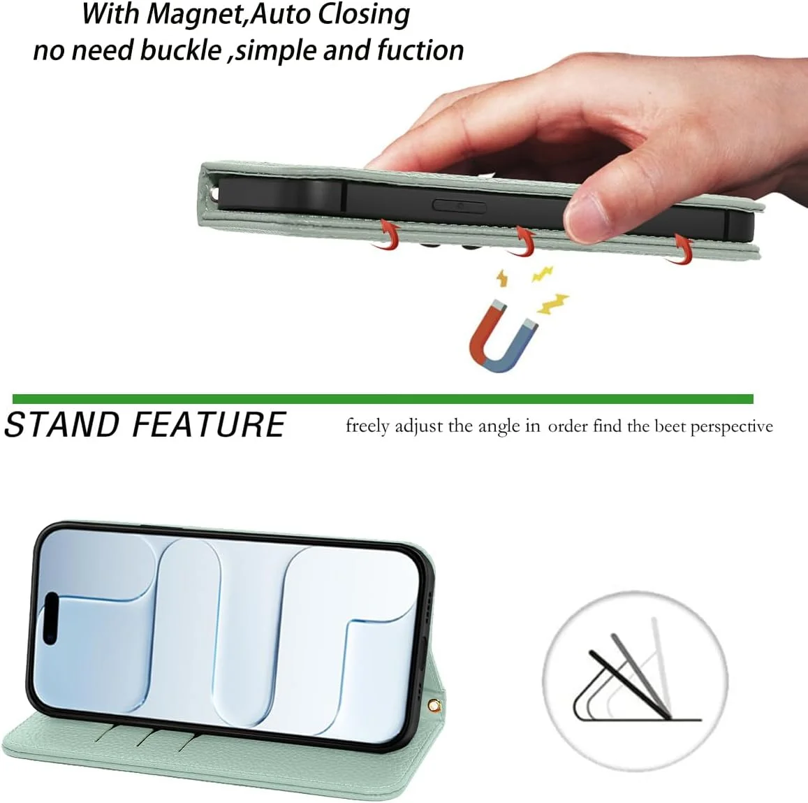کیف چرمی NanHou مدل Air مناسب برای آیفون 17، کیف پول تاشو با مسدود کننده RFID، بست مغناطیسی، استند، بند مچی، جای کارت، کاور ضد ضربه - سبز روشن