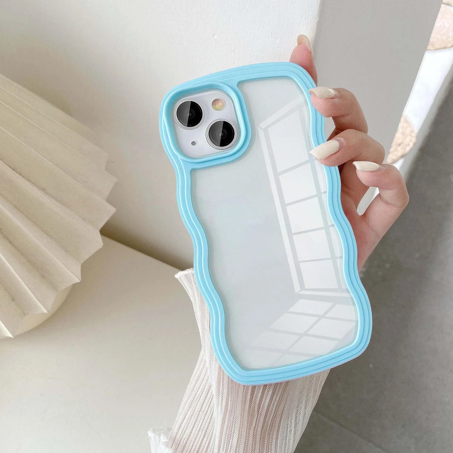 قاب گوشی یوبای مناسب برای آیفون ۱۳ و آیفون ۱۴ (۶.۱ اینچ)، قاب محافظ بامپر باریک و مقاوم در برابر ضربه با طرح موج شفاف و زیبا، ساخته شده از TPU نرم و ساده برای دختران و زنان - آبی سیرا