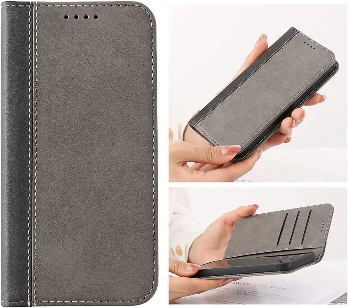 کیف پول چرمی NanHou برای آیفون 14، دارای جای کارت و محافظ ضد ضربه - مشکی/خاکستری