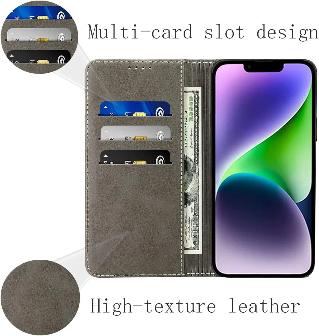 کیف پول چرمی NanHou برای آیفون 14، دارای جای کارت و محافظ ضد ضربه - مشکی/خاکستری