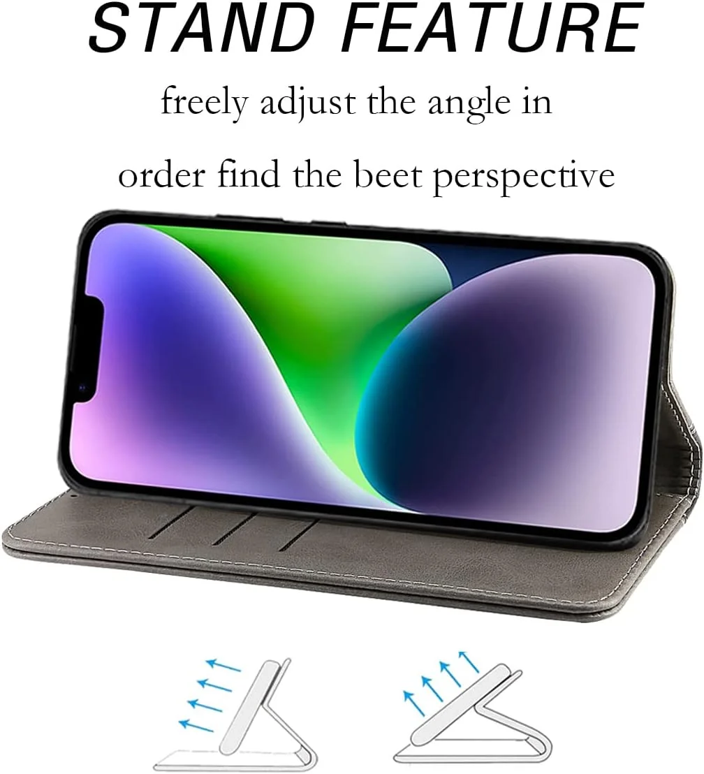 کیف پول چرمی NanHou برای آیفون 14، دارای جای کارت و محافظ ضد ضربه - مشکی/خاکستری