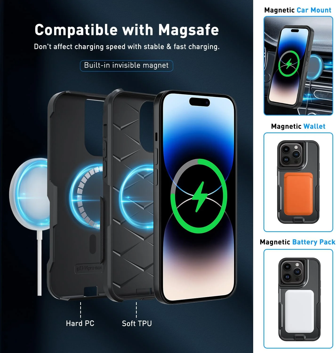 کاور محافظ گوشی آیفون 14 پرو مکس با طراحی مغناطیسی 5 در 1، کاور مقاوم با گیره کمربندی و محافظ صفحه نمایش شیشه ای حرارت دیده (2 عدد)، کاور گوشی آیفون 14 پرو مکس (مغناطیسی، مشکی) کاور محافظ گوشی آیفون 14 پرو مکس با طراحی مغناطیسی 5 در 1، کاور مقاوم با گیره کمربندی و محافظ صفحه نمایش شیشه ای حرارت دیده (2 عدد)، کاور گوشی آیفون 14 پرو مکس (مغناطیسی، مشکی)