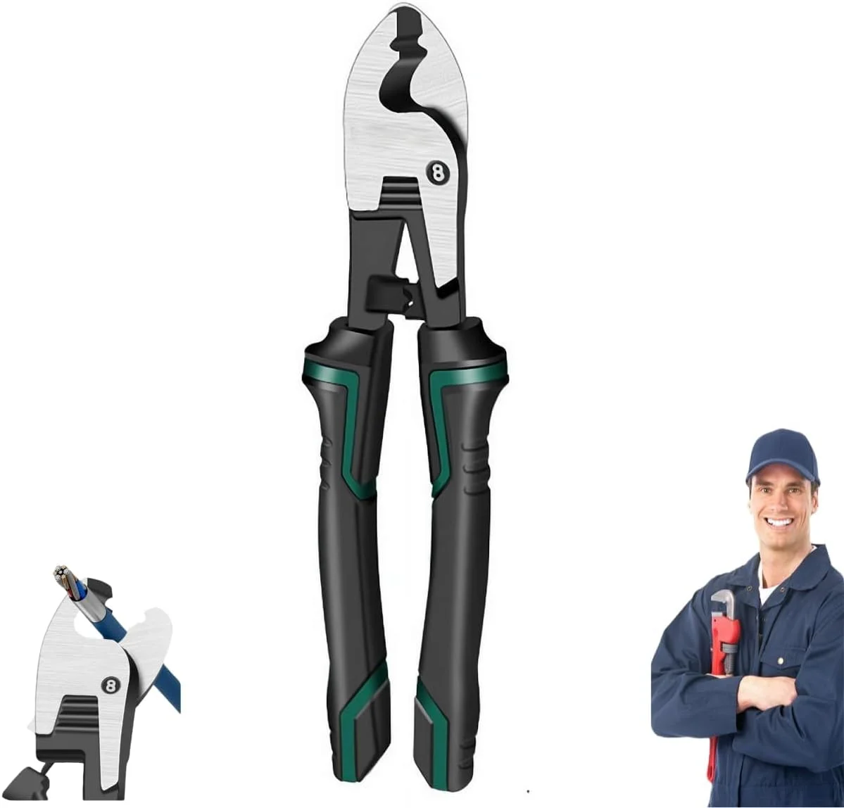 سیم چین اهرمی قوی، ابزار چند منظوره برای برش و پرس کابل، سیم لخت کن حرفه ای برای کابل های آلومینیومی و مسی، دسته ارگونومیک برای مصارف خانگی و صنعتی (20 سانتی متر)