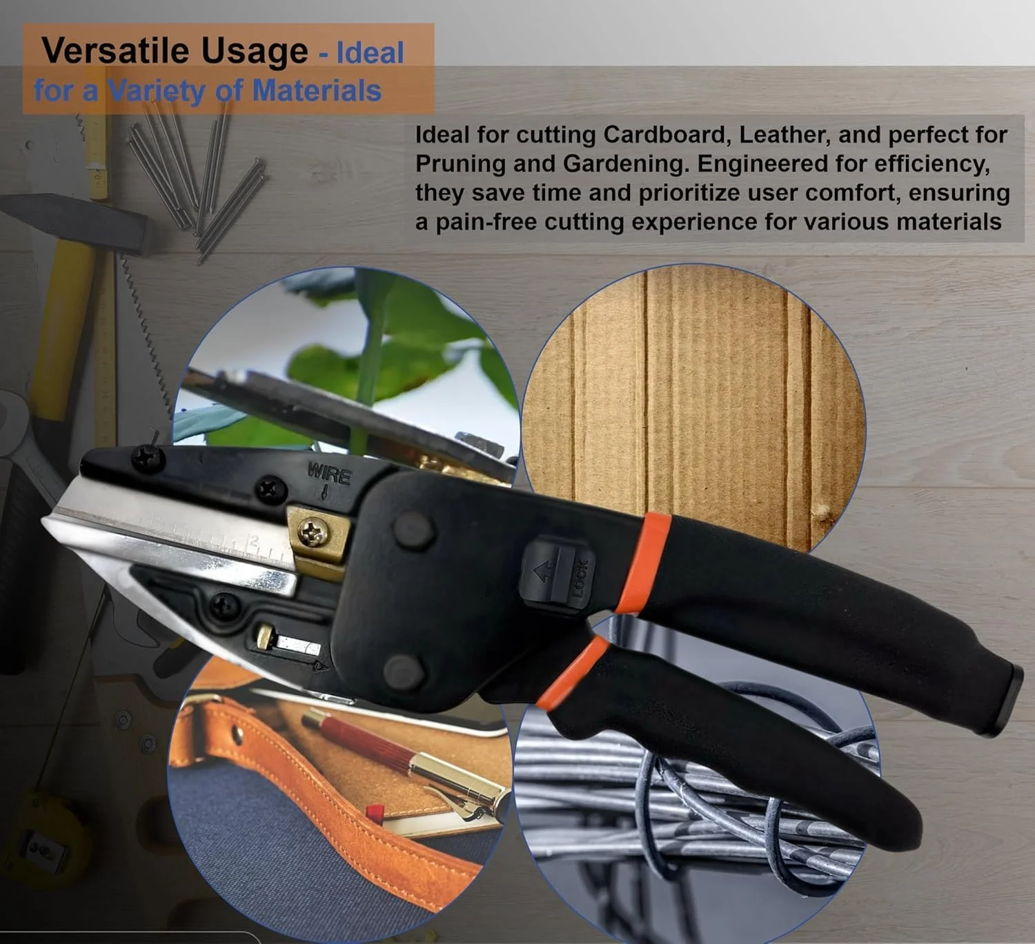 قیچی چند منظوره سنگین - کاتر 6 در 1 با قفل ایمنی و دسته ضد لغزش، ایده آل برای لوله نرم، الیاف، چوب و سیم آهنی