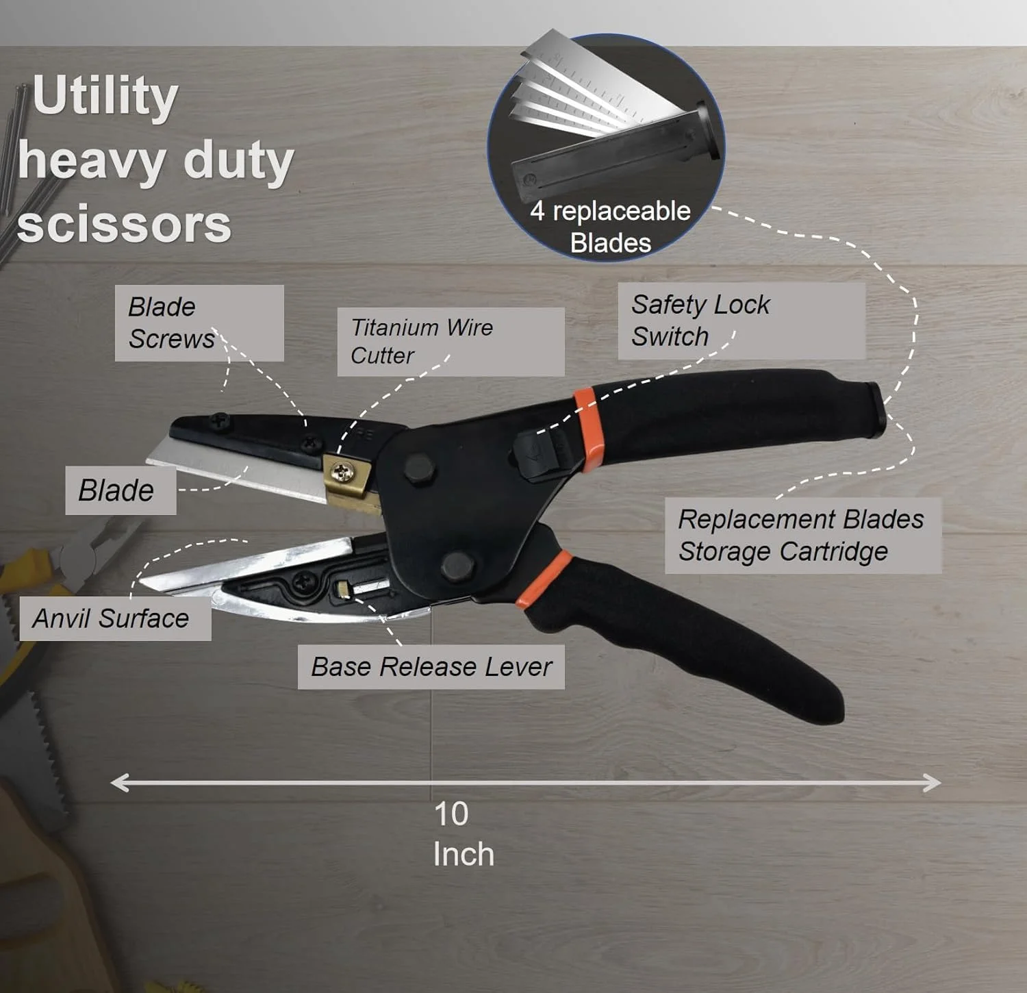 قیچی چند منظوره سنگین - کاتر 6 در 1 با قفل ایمنی و دسته ضد لغزش، ایده آل برای لوله نرم، الیاف، چوب و سیم آهنی