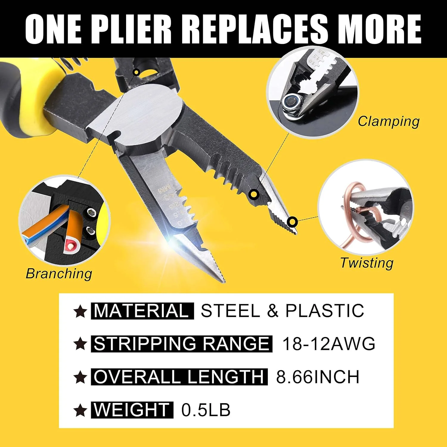 انبر سیم لخت کن KASTWAVE - ابزار سیم لخت کن و برش 7 در 1 چند منظوره برای لخت کردن، برش و پرس کابل های برق