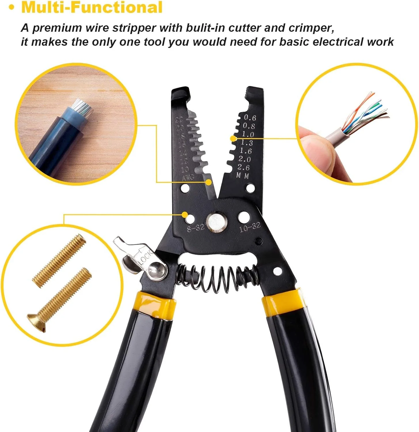 سیم لخت کن 7 اینچی 10-22 AWG، سیم چین و پرس، ابزار لخت کردن سیم مسی و ابزار دستی چند منظوره، طراحی دسته حرفه ای و ساخت عالی