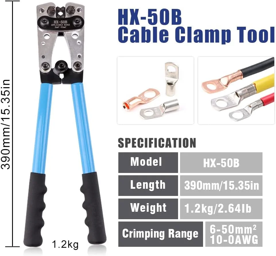 ابزار پرس سرسیم کابل باتری KASTWAVE، ابزار پرس سیم، پرس سنگین برای سرسیم های سیم، AWG 10-1/0 برای سرسیم های سنگین، ترمینال باتری، ترمینال های سرسیم مسی