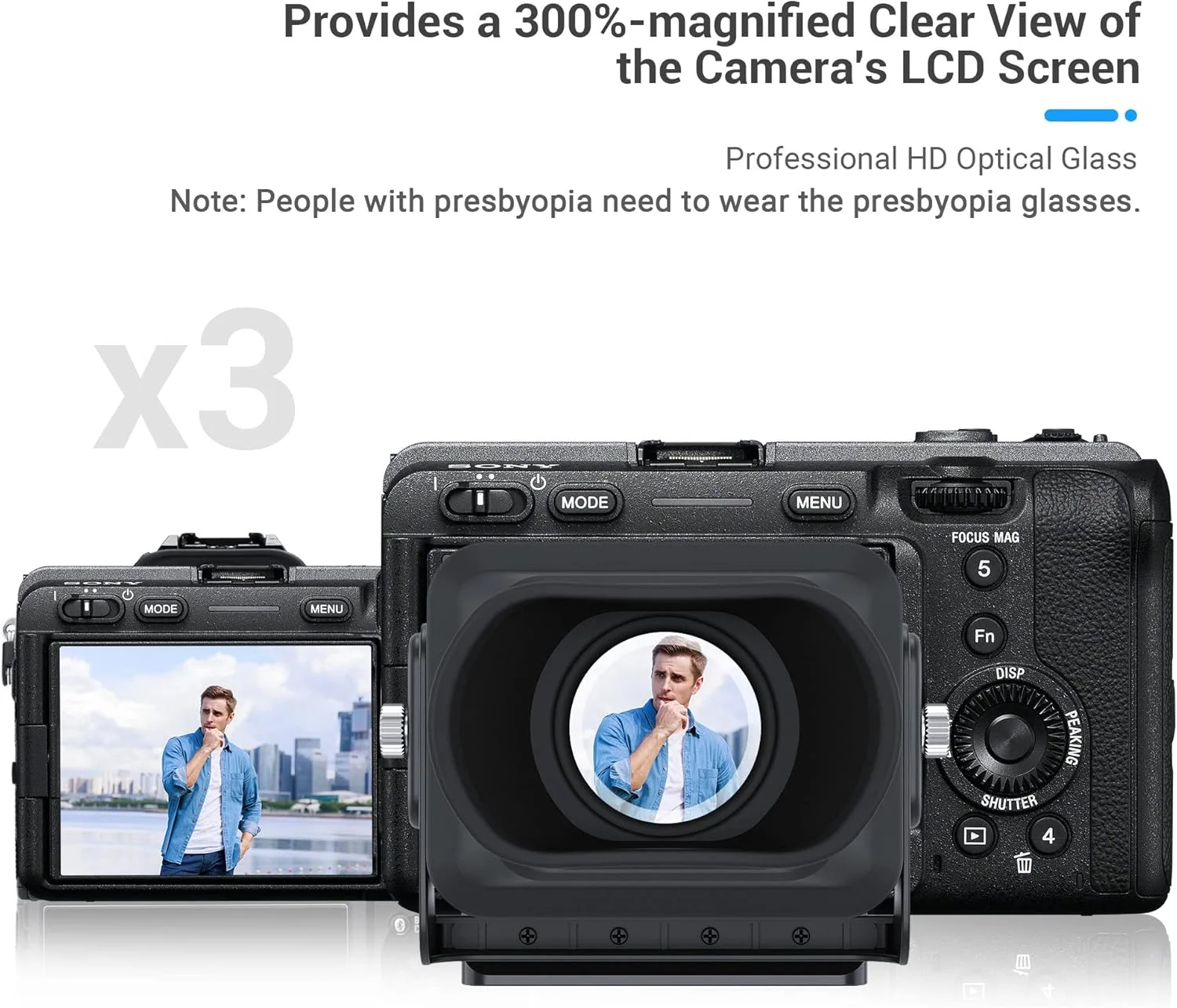 لوپ چشمی LCD دوربین JJC با کیت صفحه پایه برای دوربین های SONY FX30 FX3، ذره بین با بزرگنمایی 3 برابر و آفتابگیر صفحه نمایش دوربین