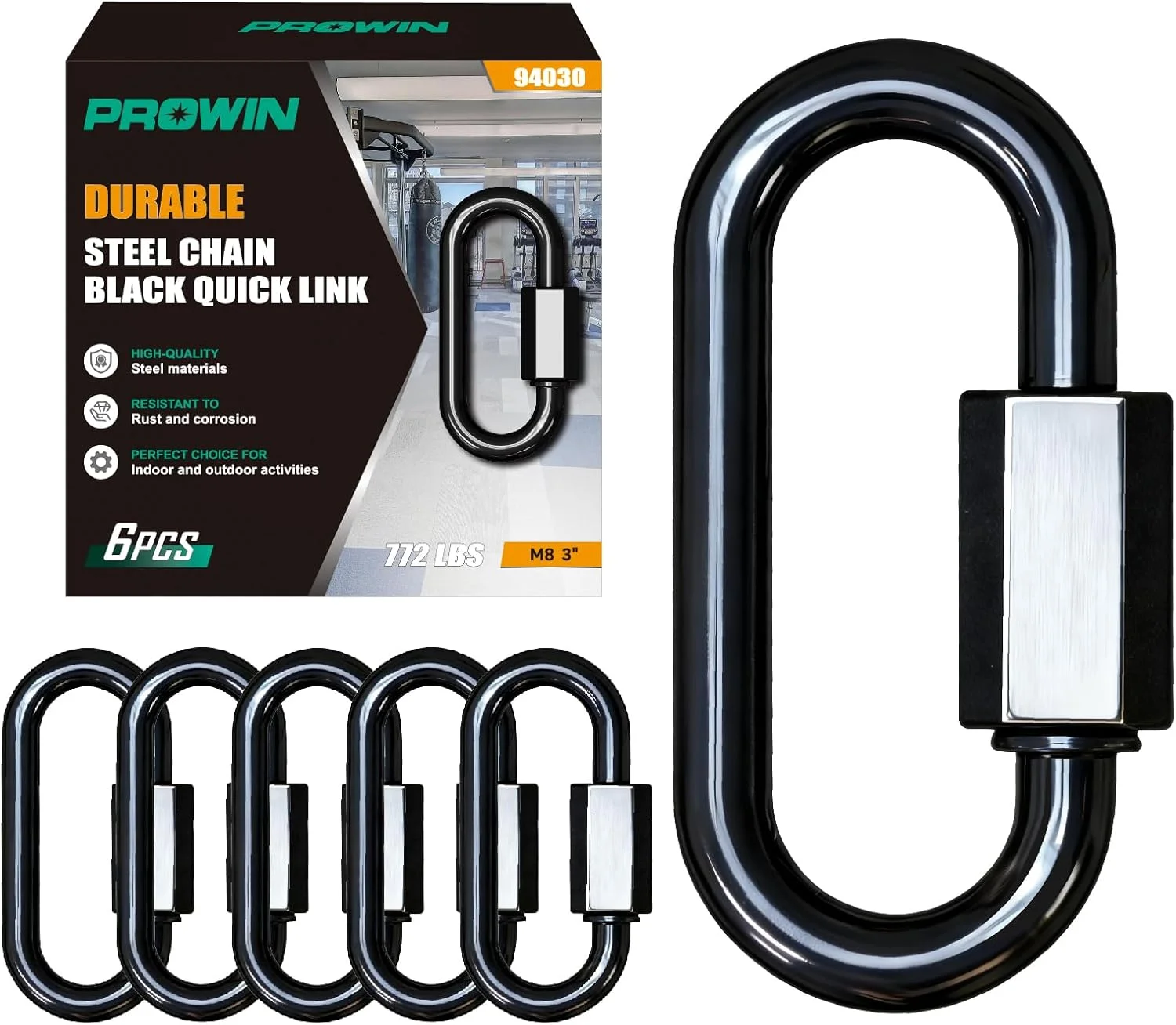 اتصالات زنجیر اتصال سریع PROWIN M8، بسته 6 عددی، اتصالات پیچی الکتروفورز مشکی، مقاوم در برابر زنگ زدگی، مناسب برای فضای باز، حیوانات خانگی و تجهیزات