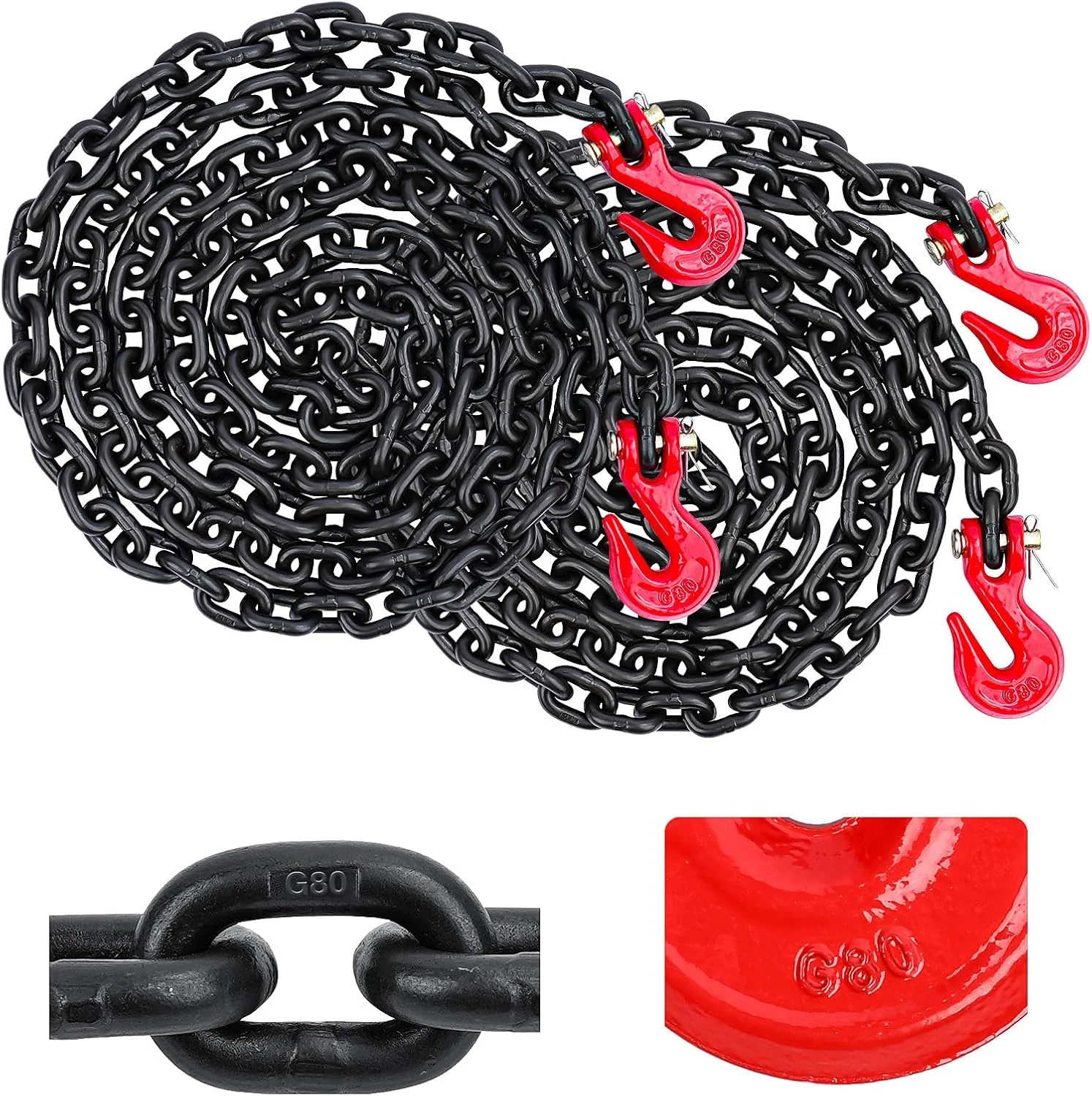 Lechansen بسته 2 عددی زنجیر اتصال G80، سایز 1/4 اینچ در 20 فوت به همراه قلاب های چنگکی G80، زنجیر ایمنی تریلر گرید 80 با ظرفیت بار کاری 3300 پوند، زنجیرهای بکسل با قلاب برای بست های جغجغه ای 5/16، بکسل
