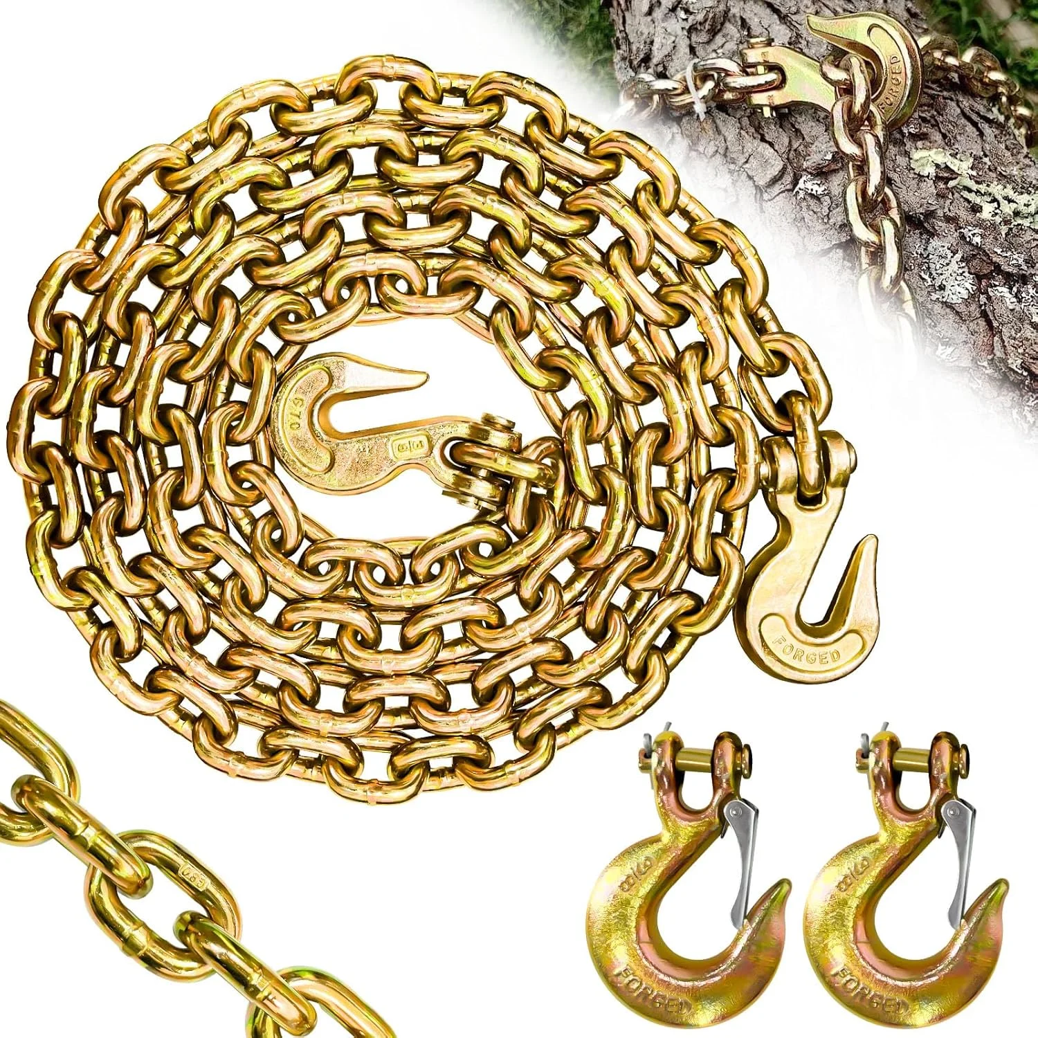 زنجیر باربری 3/8 اینچ - زنجیر بکسل G80 با قلاب های ایمنی و گیره G70 | ظرفیت باربری 7100 پوند | زنجیر ایمنی 10 فوتی برای تریلر با مقاومت بالا | تجهیزات بستن بار کامیون (2 نوع قلاب)