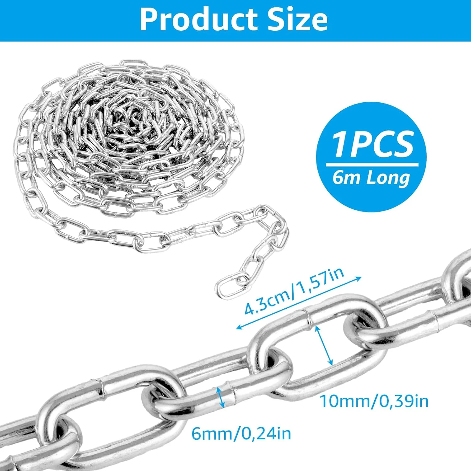 زنجیر فلزی WOPPLXY، زنجیر 6 متری 6 میلیمتری، زنجیرهای فلزی گالوانیزه شده برای آویزان کردن نردهها، زنجیر تاب، صندلی آویز، زنجیر لامپ، دربهای گاراژ - تصویر 2 زنجیر فلزی WOPPLXY، زنجیر 6 متری 6 میلیمتری، زنجیرهای فلزی گالوانیزه شده برای آویزان کردن نردهها، زنجیر تاب، صندلی آویز، زنجیر لامپ، دربهای گاراژ - تصویر 2
