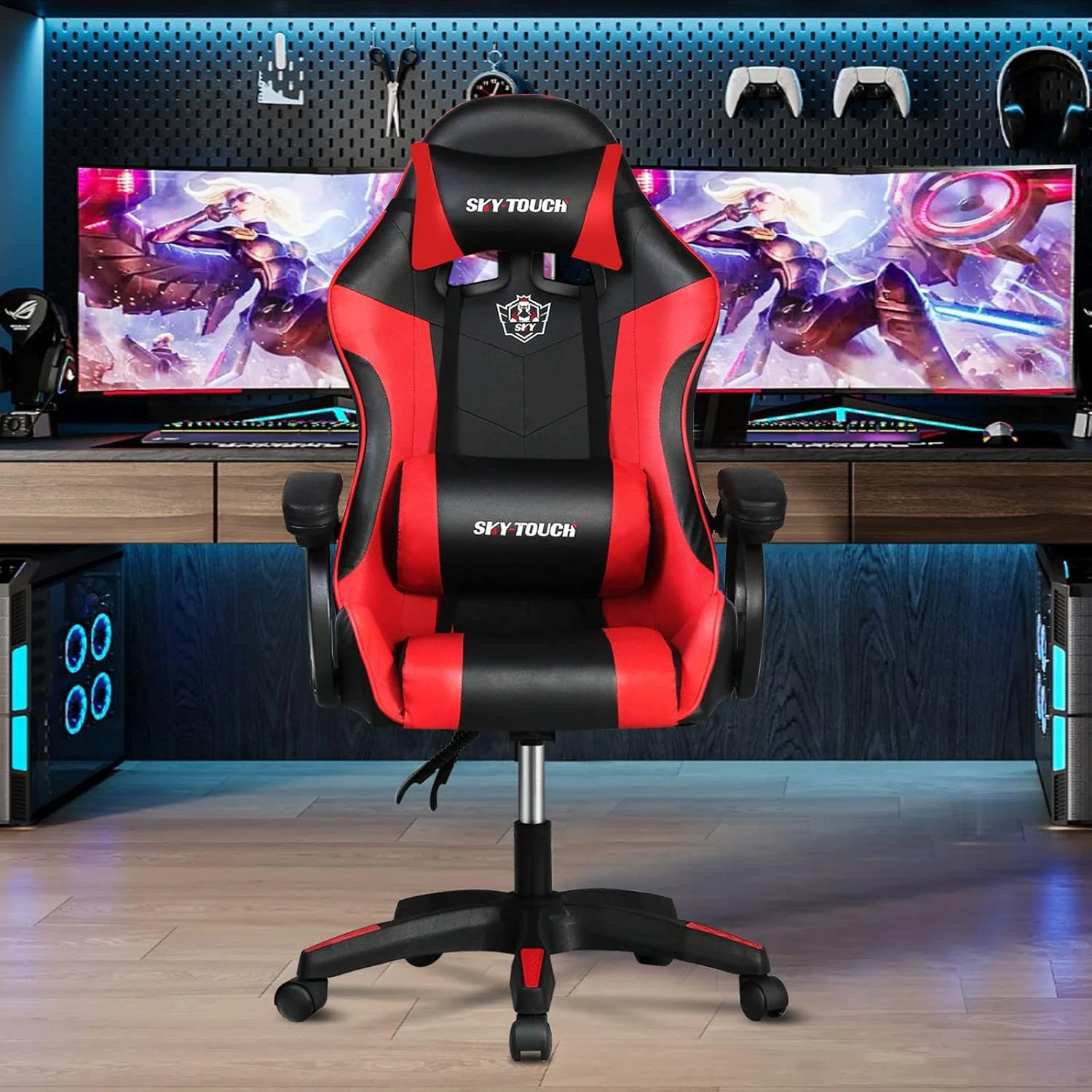 صندلی گیمینگ SKY-TOUCH، صندلی کامپیوتر ارگونومیک با قابلیت تنظیم ارتفاع و دسته، بالشتک پشتیبانی سر و کمر، چرم PU، صندلی تکیه گاه دار مناسب برای دفتر کار، پشتی بلند، تحمل وزن 200 کیلوگرم، قرمز - 60x53x120 سانتی متر صندلی گیمینگ SKY-TOUCH، صندلی کامپیوتر ارگونومیک با قابلیت تنظیم ارتفاع و دسته، بالشتک پشتیبانی سر و کمر، چرم PU، صندلی تکیه گاه دار مناسب برای دفتر کار، پشتی بلند، تحمل وزن 200 کیلوگرم، قرمز - 60x53x120 سانتی متر