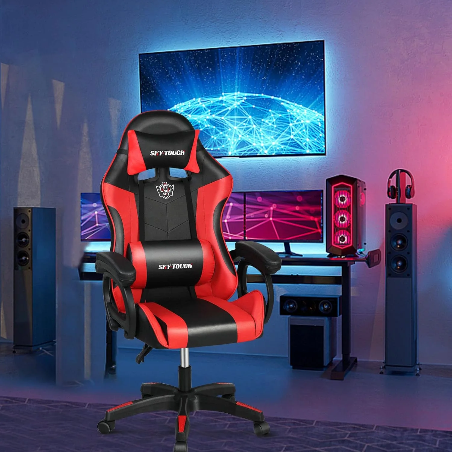 صندلی گیمینگ SKY-TOUCH، صندلی کامپیوتر ارگونومیک با قابلیت تنظیم ارتفاع و دسته، بالشتک پشتیبانی سر و کمر، چرم PU، صندلی تکیه گاه دار مناسب برای دفتر کار، پشتی بلند، تحمل وزن 200 کیلوگرم، قرمز - 60x53x120 سانتی متر صندلی گیمینگ SKY-TOUCH، صندلی کامپیوتر ارگونومیک با قابلیت تنظیم ارتفاع و دسته، بالشتک پشتیبانی سر و کمر، چرم PU، صندلی تکیه گاه دار مناسب برای دفتر کار، پشتی بلند، تحمل وزن 200 کیلوگرم، قرمز - 60x53x120 سانتی متر