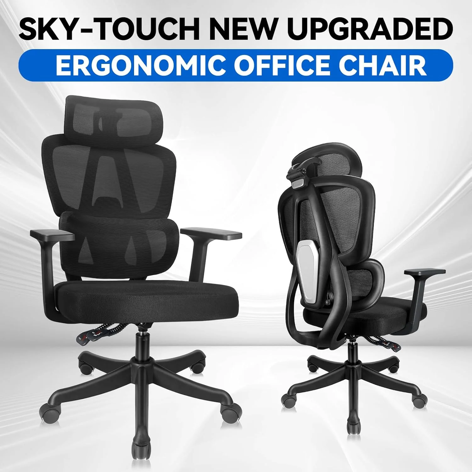 صندلی اداری ارگونومیک SKY-TOUCH، صندلی کامپیوتر گردان با پشتیبانی کمری قابل تنظیم، تکیه گاه سر و دسته، تنظیم ارتفاع و عملکرد گهواره ای، توری پشتی بلند و تنفسی، 130x67x67 سانتی متر صندلی اداری ارگونومیک SKY-TOUCH، صندلی کامپیوتر گردان با پشتیبانی کمری قابل تنظیم، تکیه گاه سر و دسته، تنظیم ارتفاع و عملکرد گهواره ای، توری پشتی بلند و تنفسی، 130x67x67 سانتی متر