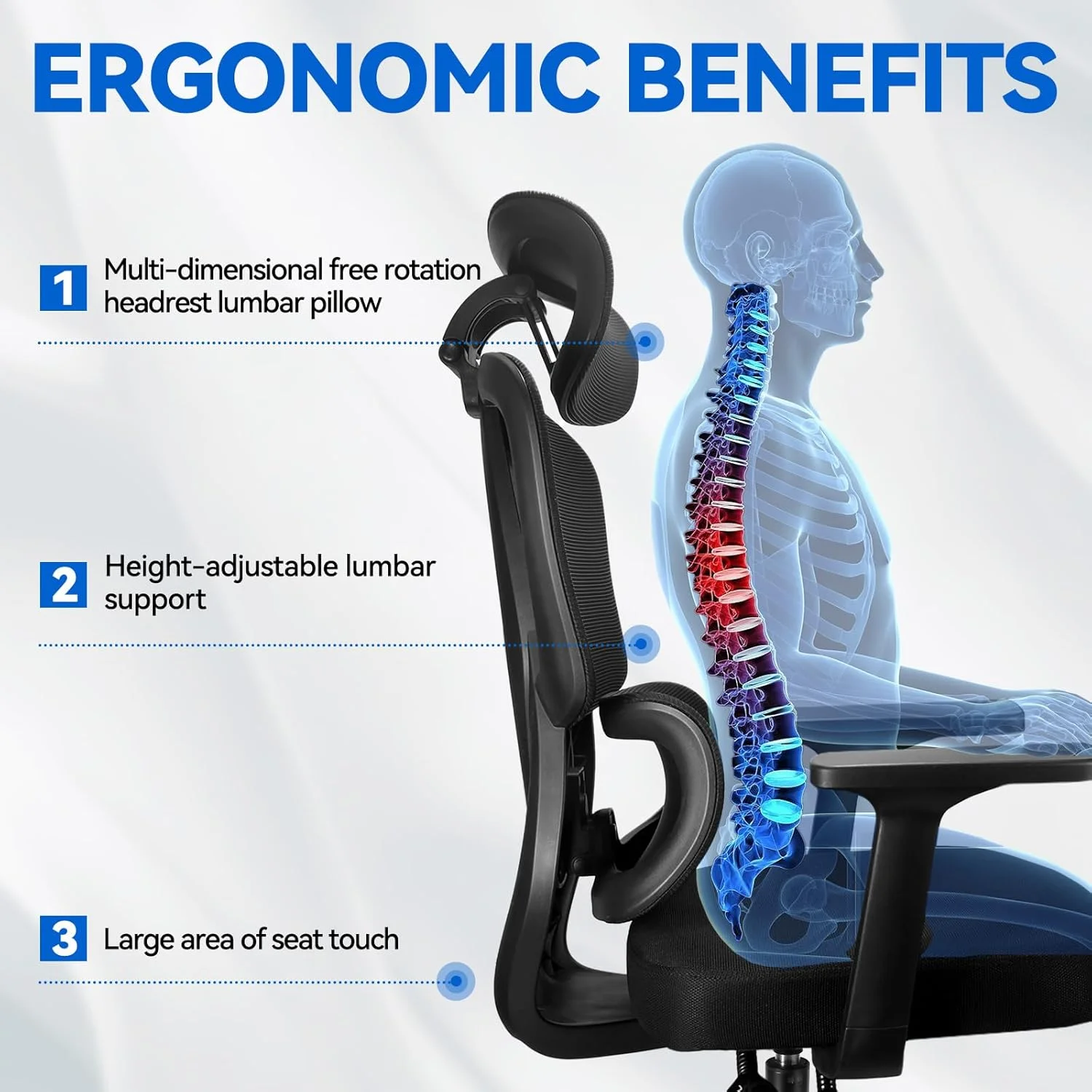 صندلی اداری ارگونومیک SKY-TOUCH، صندلی کامپیوتر گردان با پشتیبانی کمری قابل تنظیم، تکیه گاه سر و دسته، تنظیم ارتفاع و عملکرد گهواره ای، توری پشتی بلند و تنفسی، 130x67x67 سانتی متر صندلی اداری ارگونومیک SKY-TOUCH، صندلی کامپیوتر گردان با پشتیبانی کمری قابل تنظیم، تکیه گاه سر و دسته، تنظیم ارتفاع و عملکرد گهواره ای، توری پشتی بلند و تنفسی، 130x67x67 سانتی متر