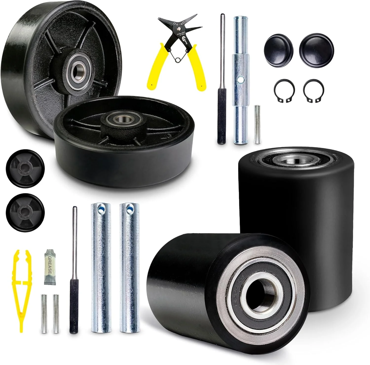 مجموعه کامل چرخ جک پالت/تراک مشکی شامل محور عقب، چرخ‌های فرمان 7"x 2" یک جفت، غلتک بار جلو 3" x 3.75" یک جفت به همراه بلبرینگ شناسه 20 میلی‌متر پلی یورتان مشکی به همراه غلتک ورودی خروجی و درپوش‌های محافظ