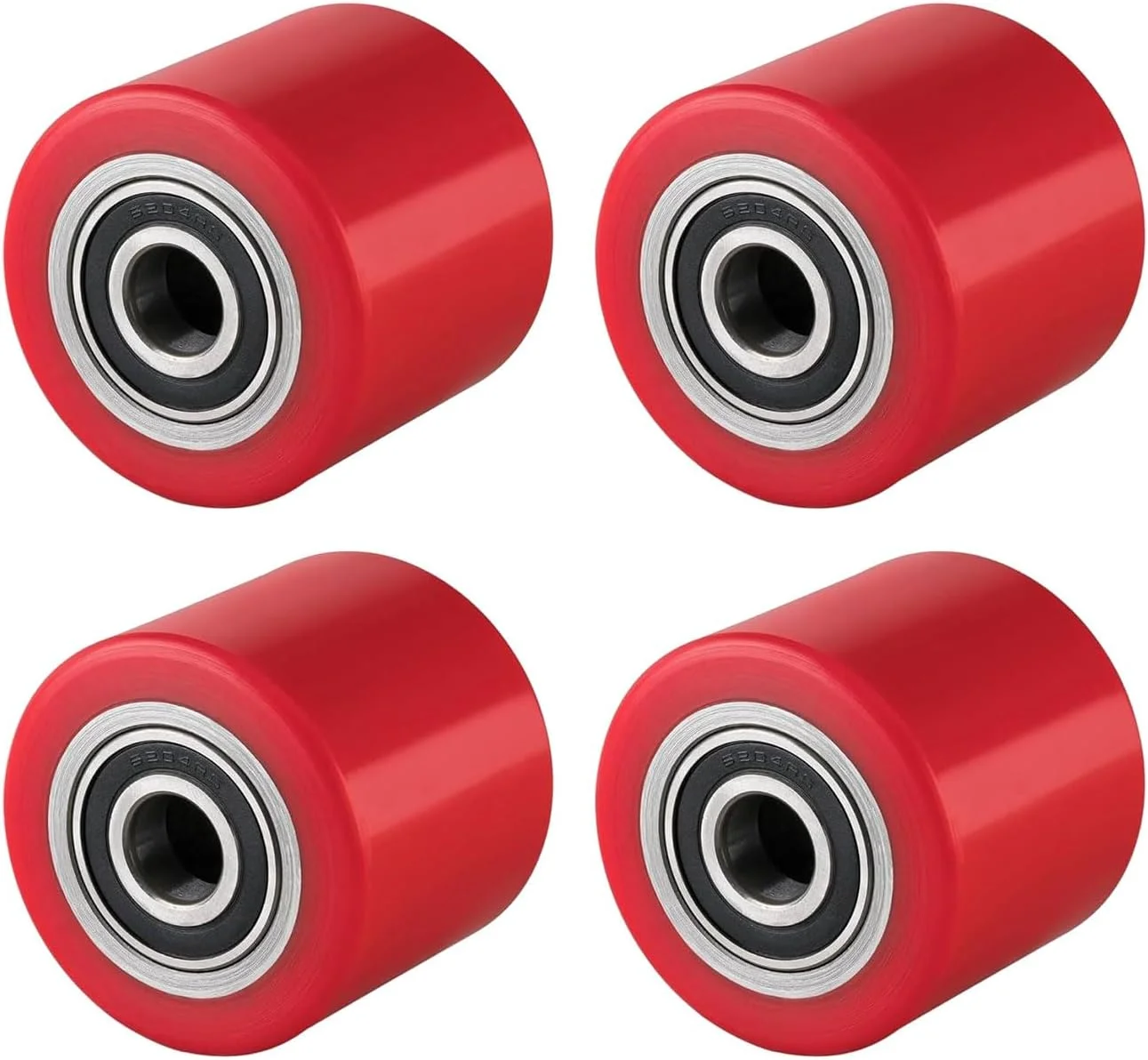 4 عدد چرخ پالت تراک، چرخ های پالت تراک پلی یورتان، 80 x 70 میلی متر، محور 20 میلی متر، چرخ های جایگزین قرمز با بلبرینگ برای پالت تراک، حداکثر بار 600 کیلوگرم