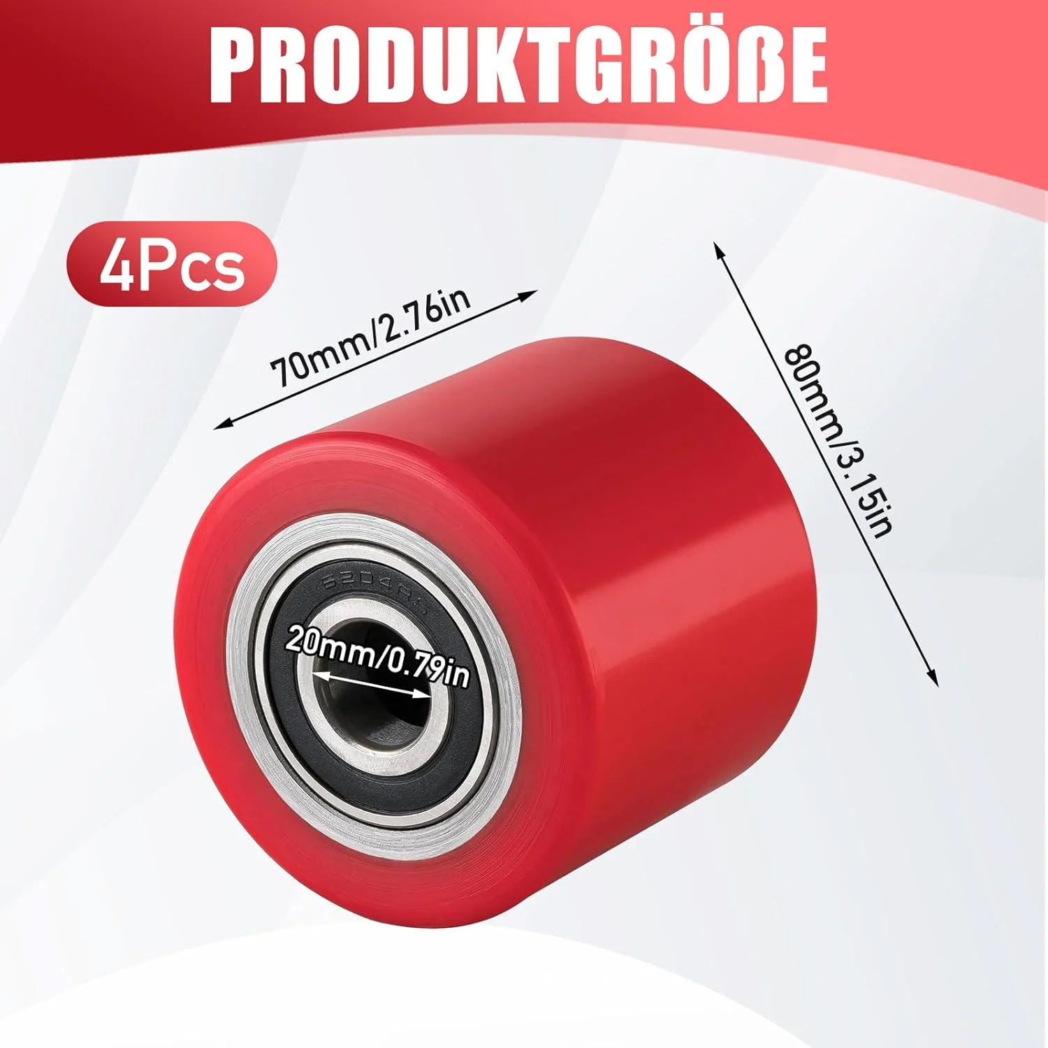 4 عدد چرخ پالت تراک، چرخ های پالت تراک پلی یورتان، 80 x 70 میلی متر، محور 20 میلی متر، چرخ های جایگزین قرمز با بلبرینگ برای پالت تراک، حداکثر بار 600 کیلوگرم