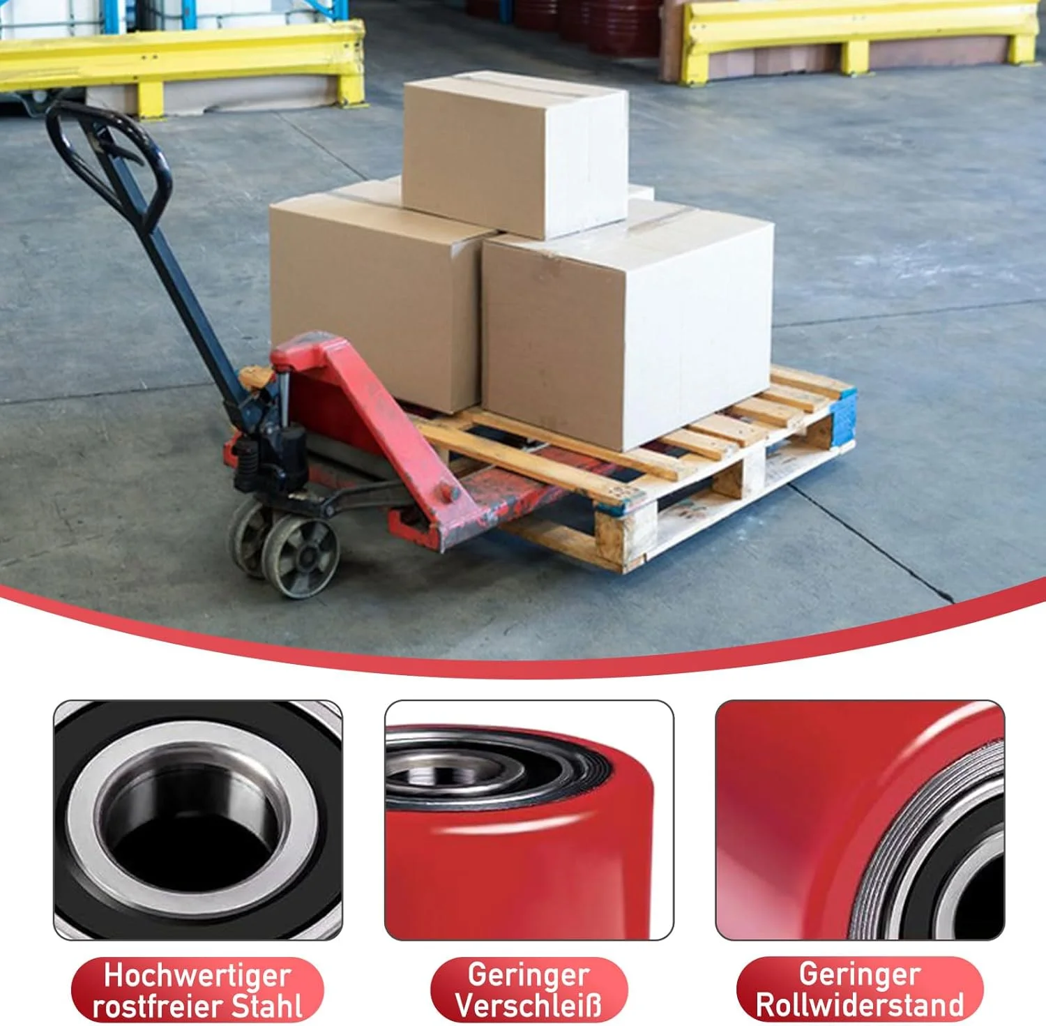 4 عدد چرخ پالت تراک، چرخ های پالت تراک پلی یورتان، 80 x 70 میلی متر، محور 20 میلی متر، چرخ های جایگزین قرمز با بلبرینگ برای پالت تراک، حداکثر بار 600 کیلوگرم