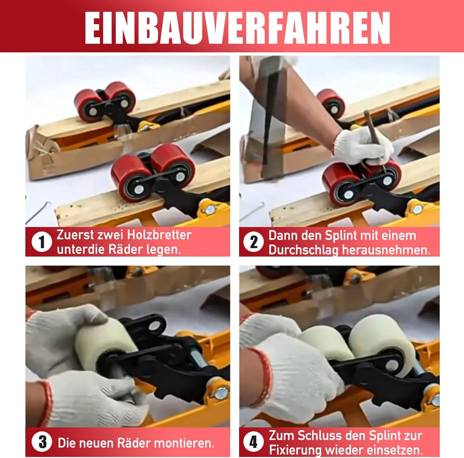 4 عدد چرخ پالت تراک، چرخ های پالت تراک پلی یورتان، 80 x 70 میلی متر، محور 20 میلی متر، چرخ های جایگزین قرمز با بلبرینگ برای پالت تراک، حداکثر بار 600 کیلوگرم