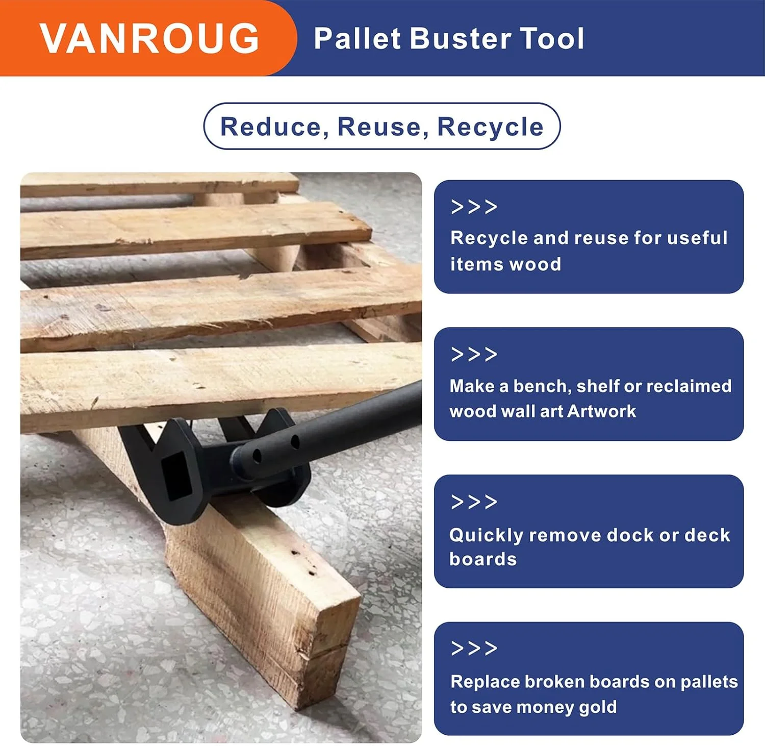 ابزار تخریب پالت VANROUG، اهرم تخریب پالت، ابزار سنگین صنعتی برای برداشتن تخته عرشه، اهرم تخریب بدون دسته، شکن صنعتی برای برداشتن یا تخریب چوب
