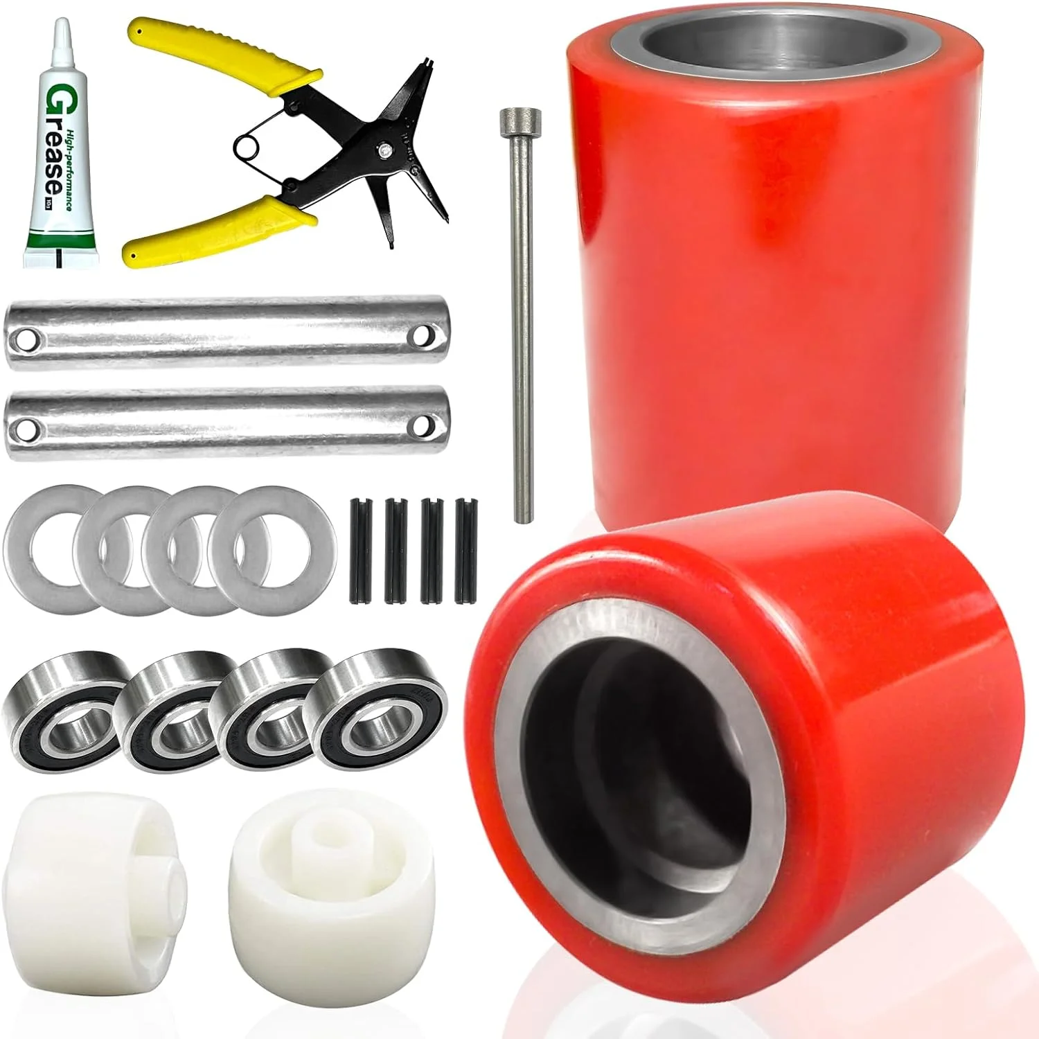 ست کامل چرخ های بار جک پالت/تراک به همراه محور و غلتک ورودی خروجی، 3 اینچ در 3.75 اینچ با بلبرینگ شناسه 20 میلی متر، کیت چرخ های بار پلی یورتان قرمز رنگ جک پالت/تراک