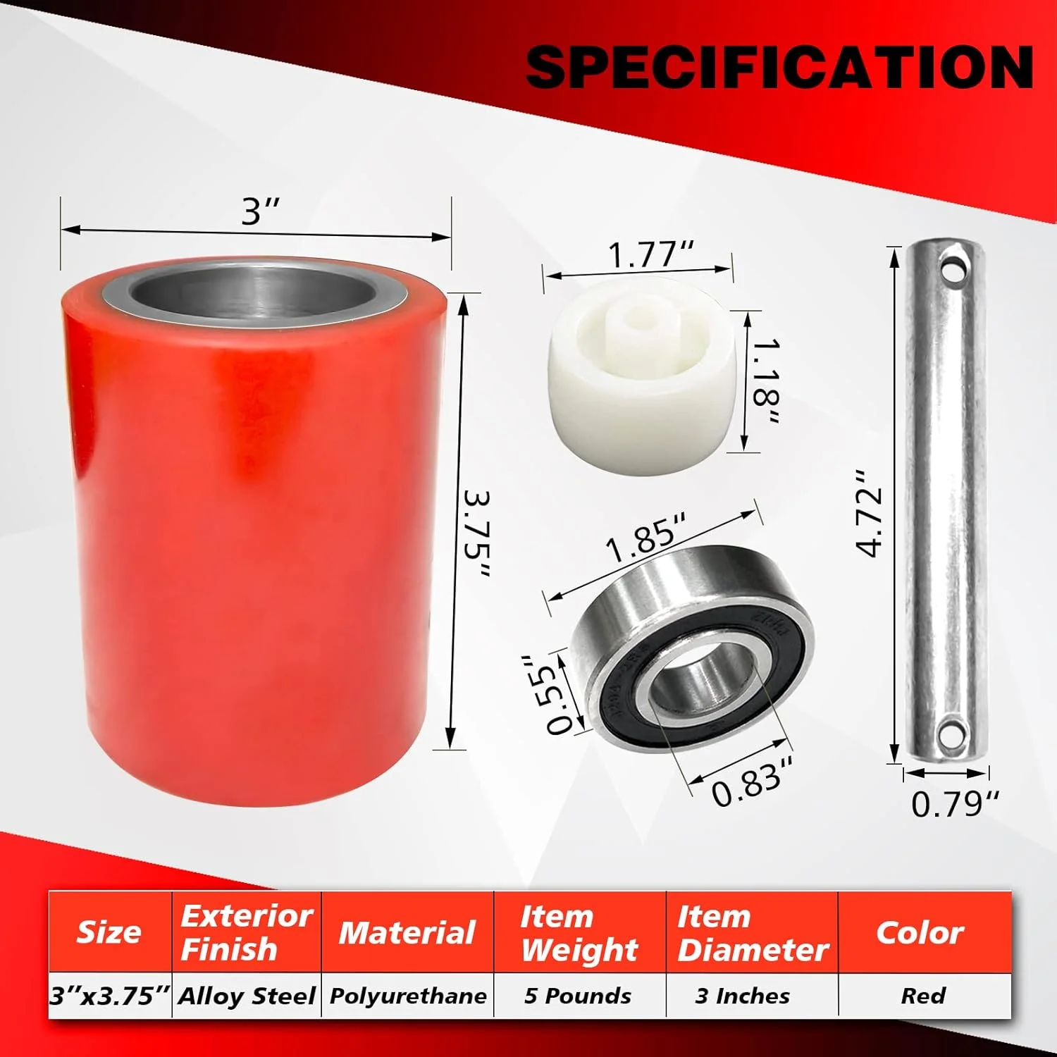 ست کامل چرخ های بار جک پالت/تراک به همراه محور و غلتک ورودی خروجی، 3 اینچ در 3.75 اینچ با بلبرینگ شناسه 20 میلی متر، کیت چرخ های بار پلی یورتان قرمز رنگ جک پالت/تراک ست کامل چرخ های بار جک پالت/تراک به همراه محور و غلتک ورودی خروجی، 3 اینچ در 3.75 اینچ با بلبرینگ شناسه 20 میلی متر، کیت چرخ های بار پلی یورتان قرمز رنگ جک پالت/تراک