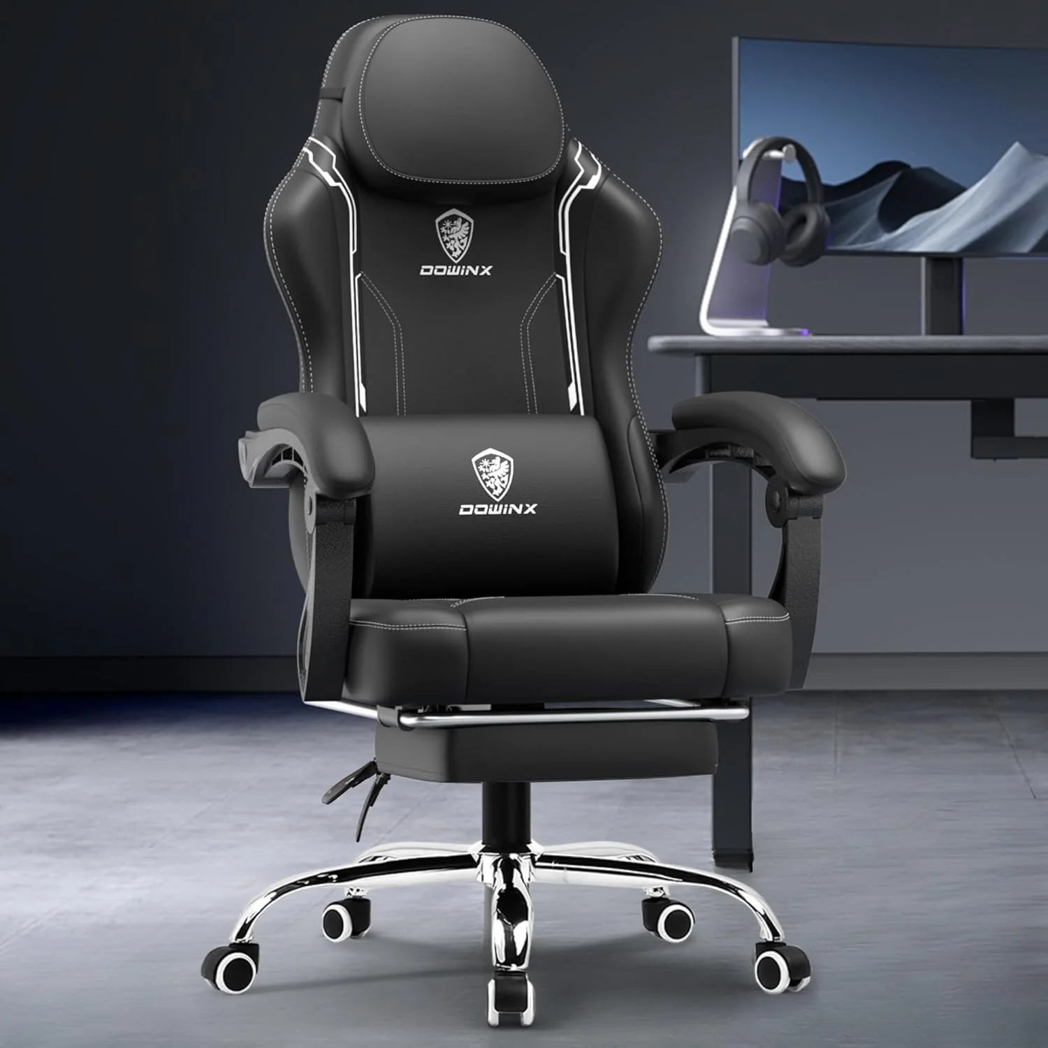 صندلی گیمینگ چند منظوره Dowinx، صندلی کامپیوتر چرمی PU با پشتی بلند، قابلیت تنظیم ارتفاع و تکیه دادن، دارای بالشتک ماساژ، پشتیبانی از گردن و کمر، زیرپایی (مشکی)