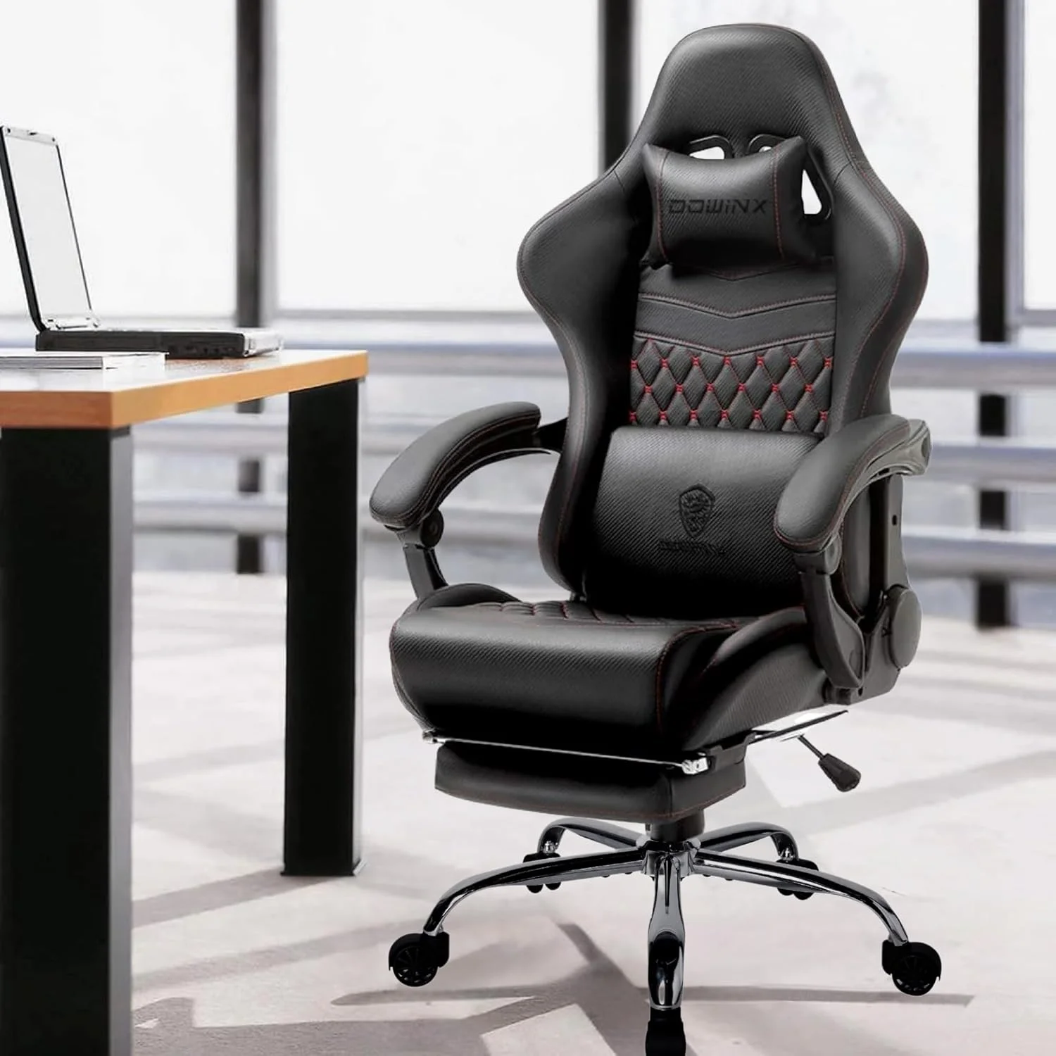 صندلی گیمینگ چند منظوره Dowinx، صندلی کامپیوتر چرمی PU با پشتی بلند، قابلیت تنظیم ارتفاع و تکیه گاه، دارای ماساژور، تکیه گاه گردن و کمر، زیرپایی (مشکی) صندلی گیمینگ چند منظوره Dowinx، صندلی کامپیوتر چرمی PU با پشتی بلند، قابلیت تنظیم ارتفاع و تکیه گاه، دارای ماساژور، تکیه گاه گردن و کمر، زیرپایی (مشکی)