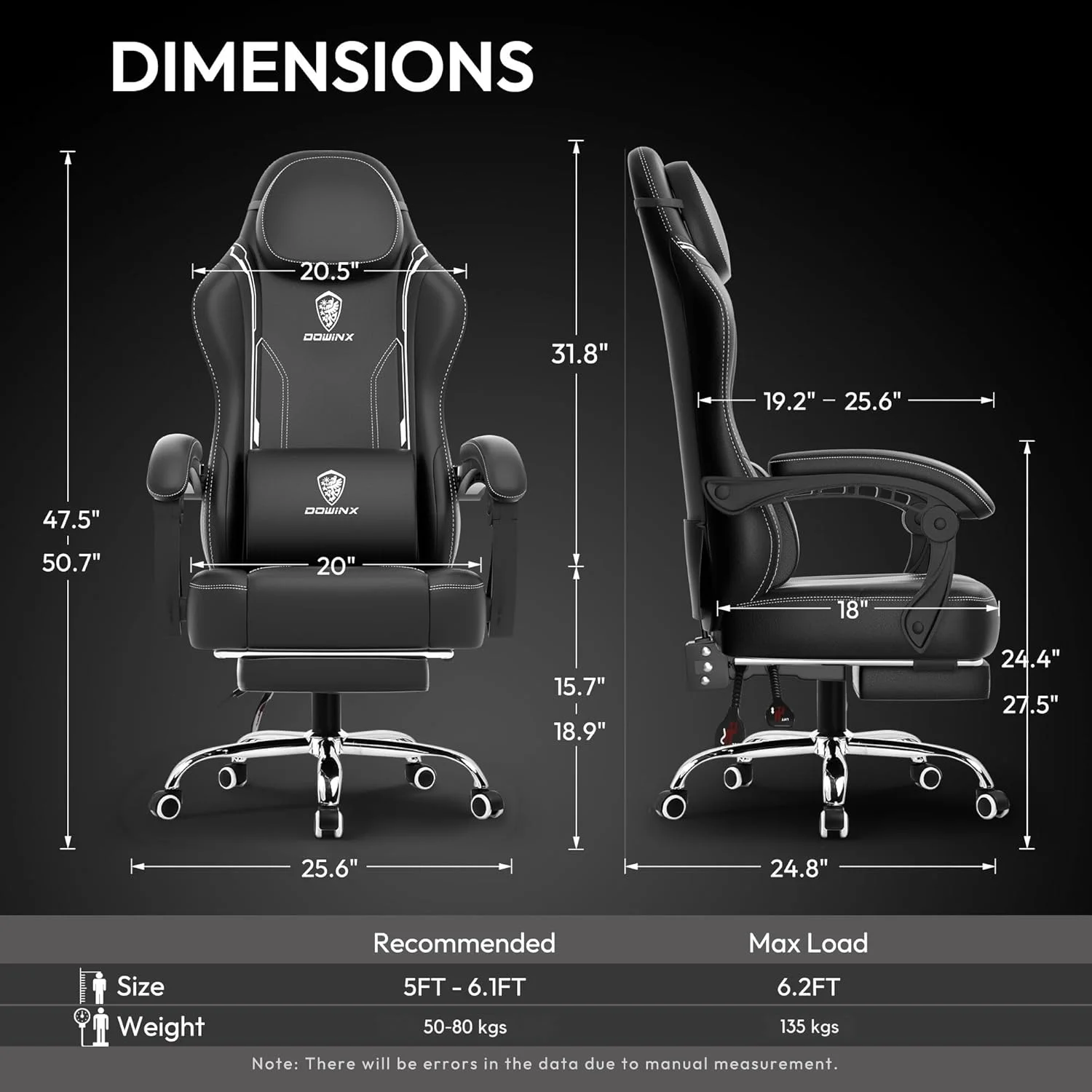 صندلی گیمینگ چند منظوره Dowinx، صندلی کامپیوتر چرمی PU با پشتی بلند، قابلیت تنظیم ارتفاع و تکیه دادن، دارای بالشتک ماساژ، پشتیبانی از گردن و کمر، زیرپایی (مشکی)