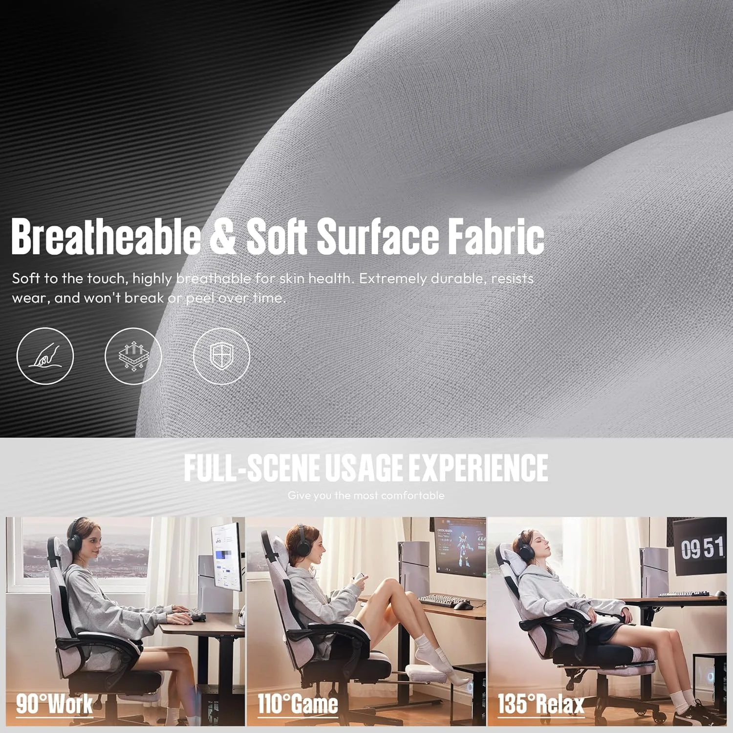 صندلی گیمینگ پارچه ای Dowinx با کوسن فنری پاکتی، صندلی کامپیوتر ارگونومیک پشتی بلند با زیرپایی برای بزرگسالان، پشتیبانی کمری ماساژور، صندلی بازی گردان برای دفتر کار، 136 کیلوگرم، مشکی و خاکستری