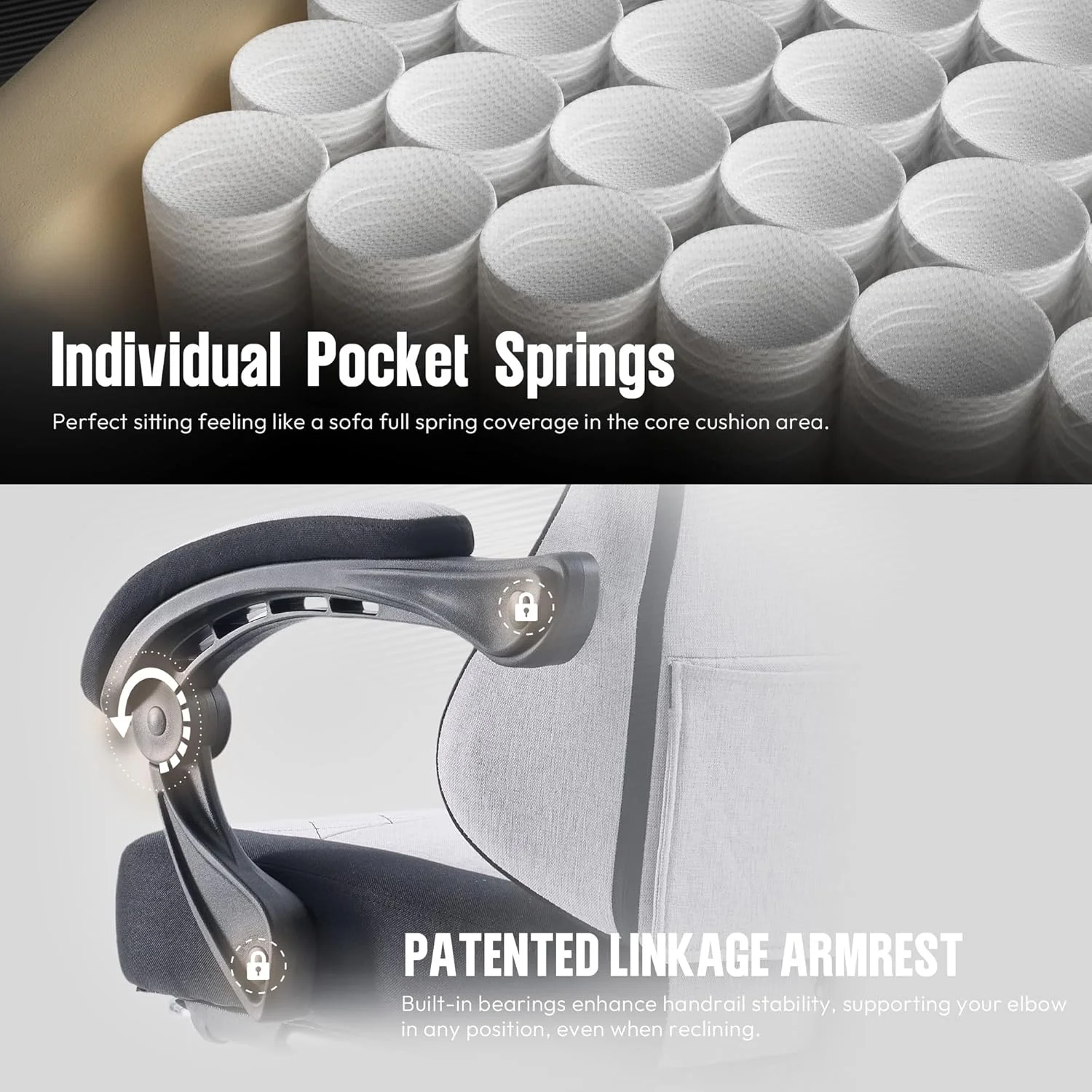 صندلی گیمینگ پارچه ای Dowinx با کوسن فنری پاکتی، صندلی کامپیوتر ارگونومیک پشتی بلند با زیرپایی برای بزرگسالان، پشتیبانی کمری ماساژور، صندلی بازی گردان برای دفتر کار، 136 کیلوگرم، مشکی و خاکستری