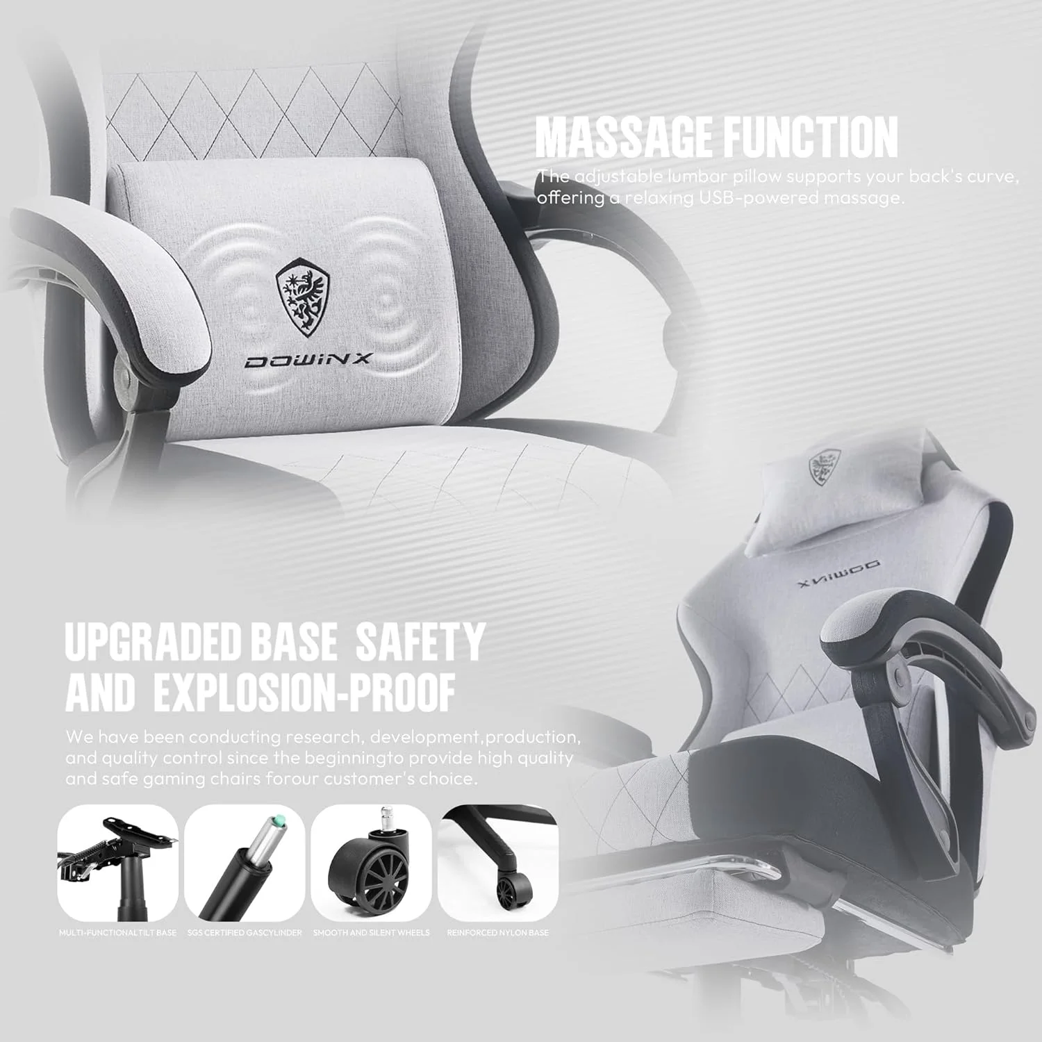 صندلی گیمینگ پارچه ای Dowinx با کوسن فنری پاکتی، صندلی کامپیوتر ارگونومیک پشتی بلند با زیرپایی برای بزرگسالان، پشتیبانی کمری ماساژور، صندلی بازی گردان برای دفتر کار، 136 کیلوگرم، مشکی و خاکستری