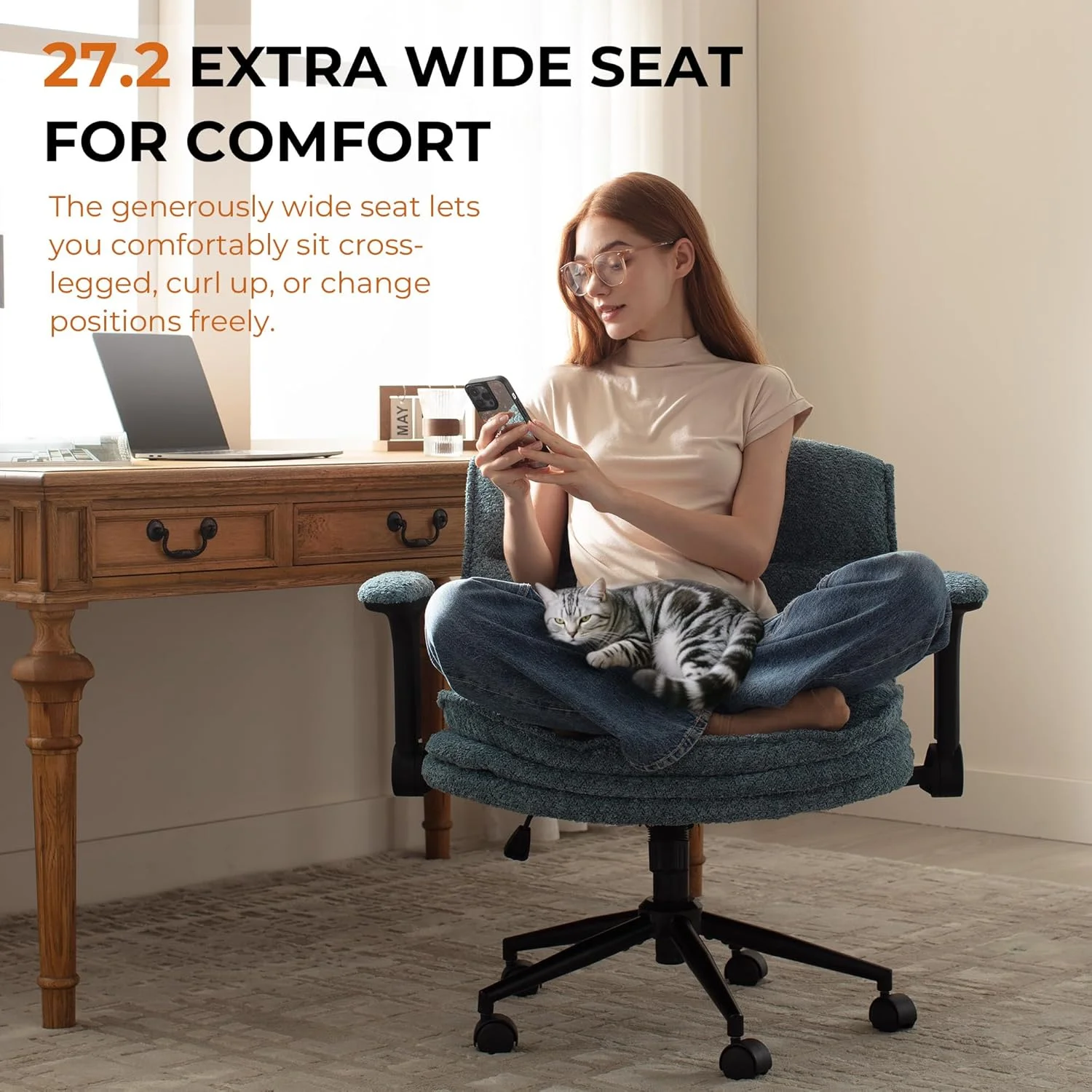 صندلی ضربدری Dowinx با دستههای تاشو قابل تنظیم و چرخ، صندلی ارگونومیک راحت میز کار با کوسنهای 3 لایه، صندلی پهن برای میز آرایش، مناسب برای دفتر کار خانگی، اتاق نشیمن، اتاق خواب، آبی صندلی ضربدری Dowinx با دستههای تاشو قابل تنظیم و چرخ، صندلی ارگونومیک راحت میز کار با کوسنهای 3 لایه، صندلی پهن برای میز آرایش، مناسب برای دفتر کار خانگی، اتاق نشیمن، اتاق خواب، آبی