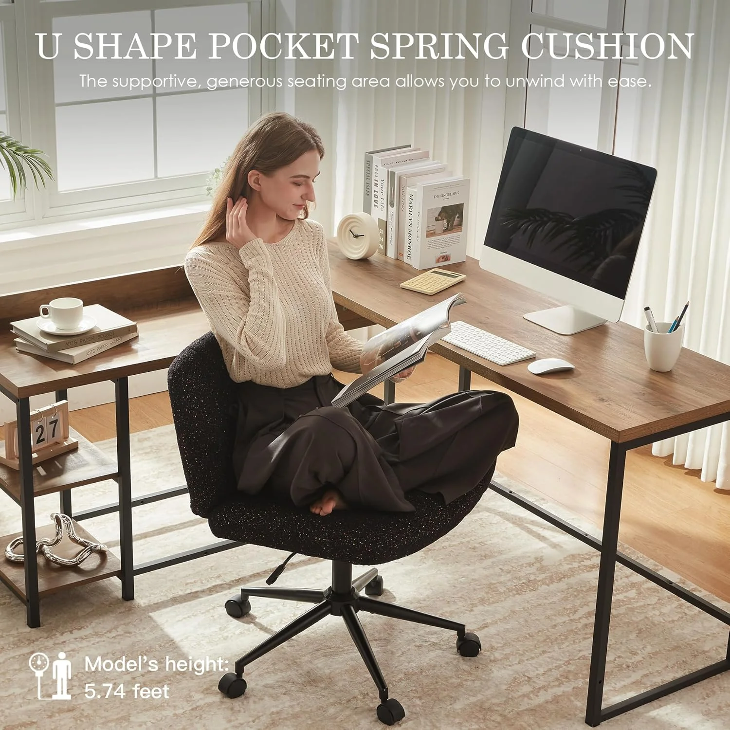 صندلی ضربدری Dowinx با چرخ، پارچه درجه یک و کوسن فنری جیبی، صندلی کامپیوتر با قابلیت تنظیم و چرخش و نشیمنگاه پهن، صندلی میز آرایش مدرن مشکی صندلی ضربدری Dowinx با چرخ، پارچه درجه یک و کوسن فنری جیبی، صندلی کامپیوتر با قابلیت تنظیم و چرخش و نشیمنگاه پهن، صندلی میز آرایش مدرن مشکی