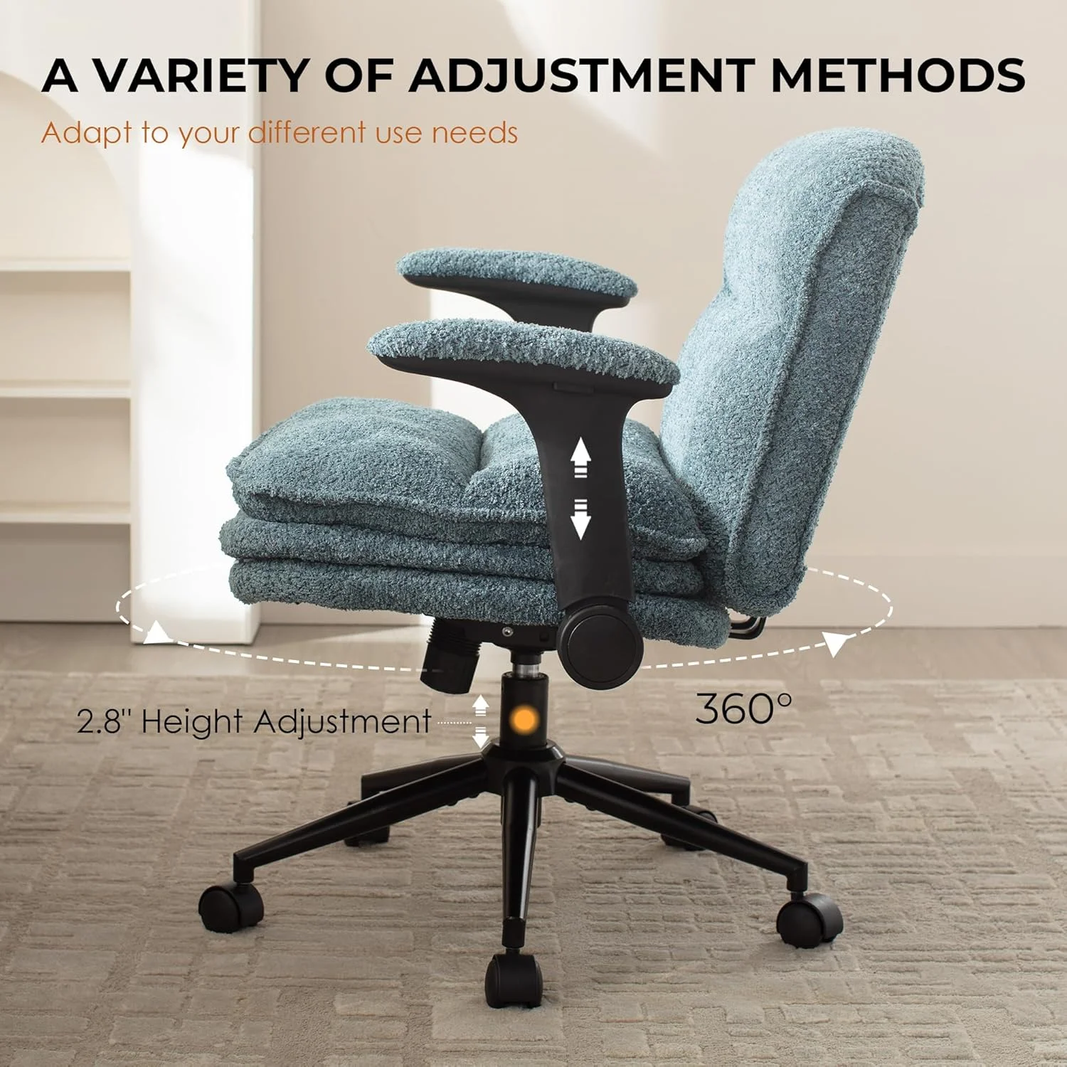 صندلی ضربدری Dowinx با دستههای تاشو قابل تنظیم و چرخ، صندلی ارگونومیک راحت میز کار با کوسنهای 3 لایه، صندلی پهن برای میز آرایش، مناسب برای دفتر کار خانگی، اتاق نشیمن، اتاق خواب، آبی صندلی ضربدری Dowinx با دستههای تاشو قابل تنظیم و چرخ، صندلی ارگونومیک راحت میز کار با کوسنهای 3 لایه، صندلی پهن برای میز آرایش، مناسب برای دفتر کار خانگی، اتاق نشیمن، اتاق خواب، آبی