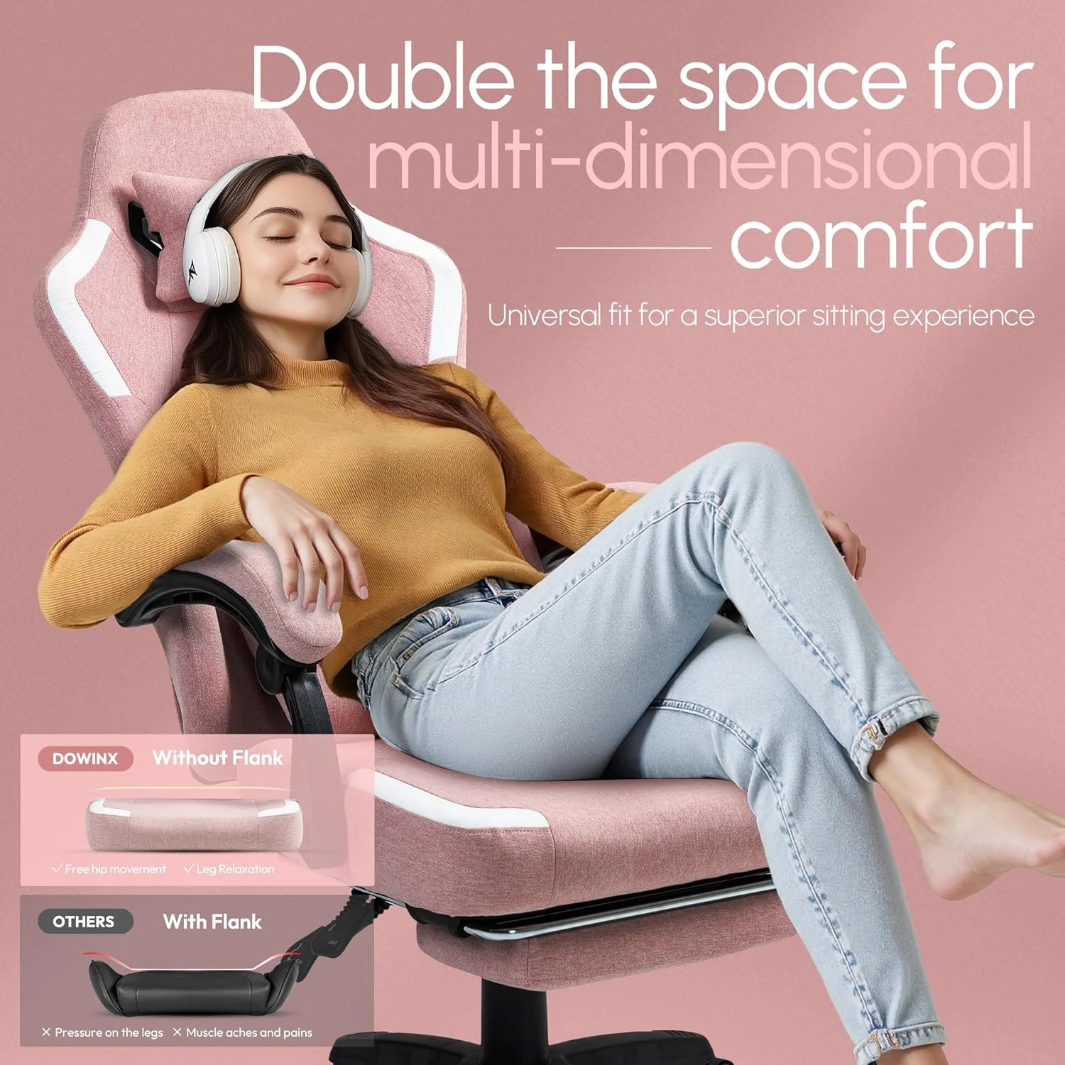 صندلی گیمینگ پارچه ای Dowinx با کوسن فنری جیبی، صندلی کامپیوتر تنفسی با پشتیبانی کمری ماساژور و زیرپایی، صندلی اداری بازی پشتی بلند برای بزرگسالان، صورتی