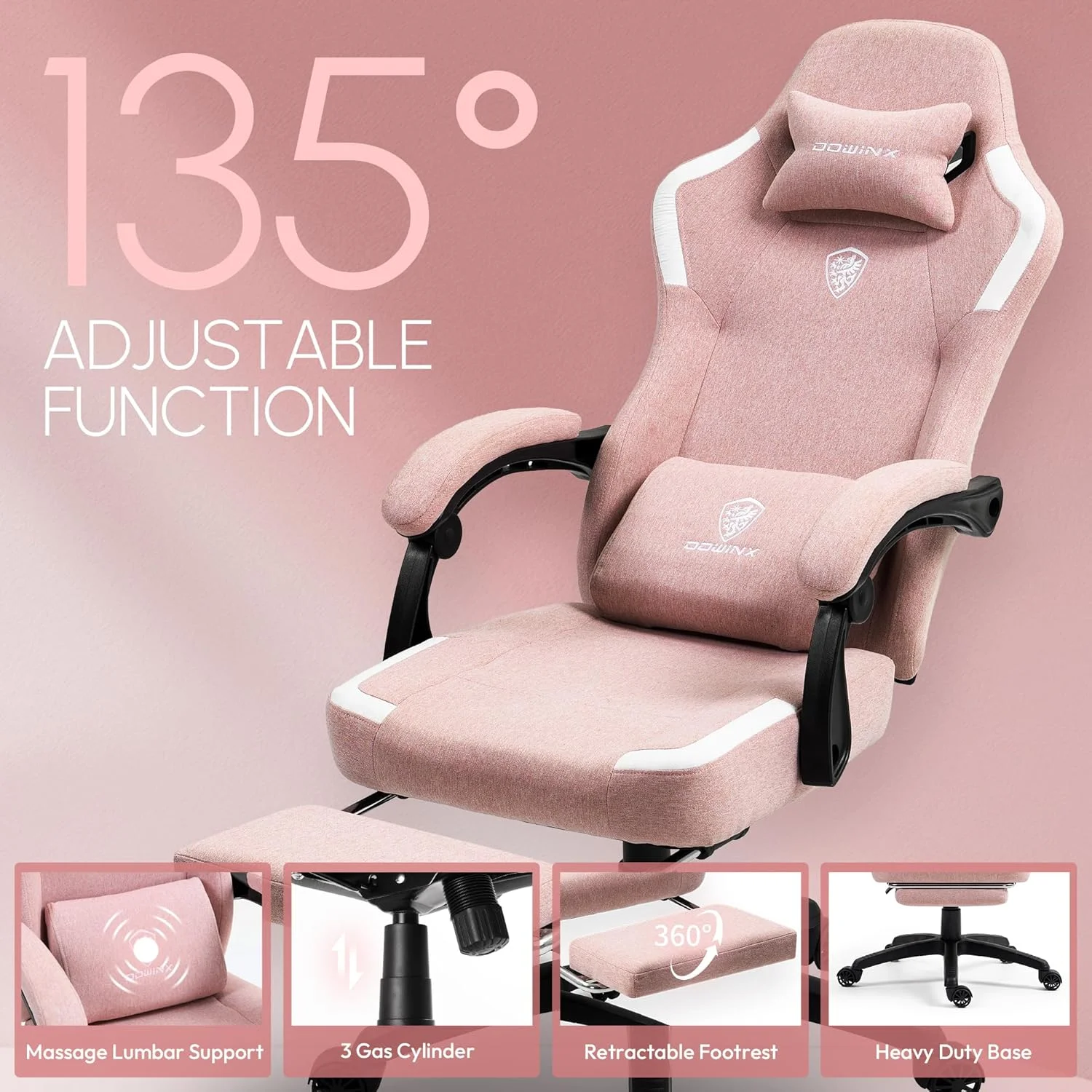 صندلی گیمینگ پارچه ای Dowinx با کوسن فنری جیبی، صندلی کامپیوتر تنفسی با پشتیبانی کمری ماساژور و زیرپایی، صندلی اداری بازی پشتی بلند برای بزرگسالان، صورتی