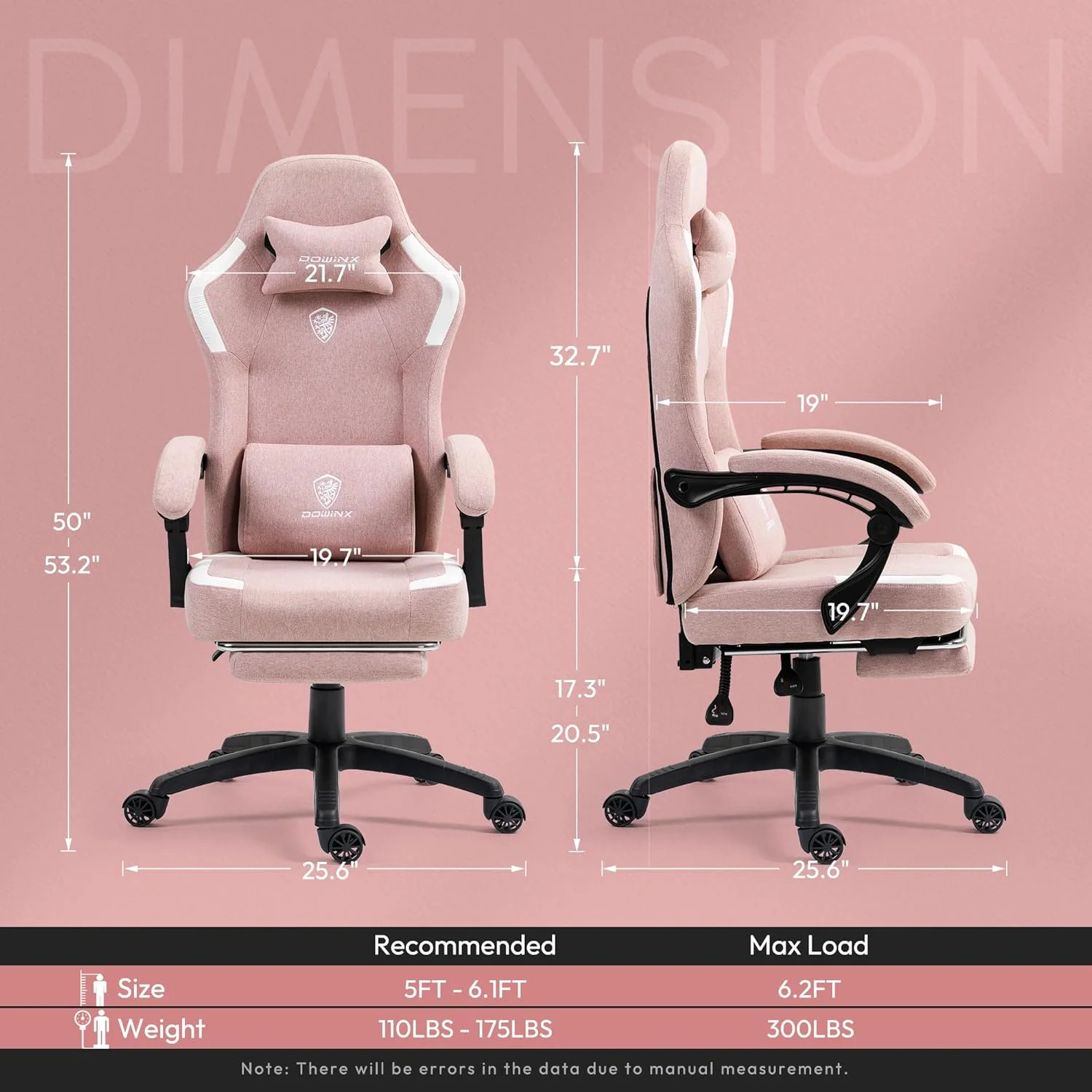 صندلی گیمینگ پارچه ای Dowinx با کوسن فنری جیبی، صندلی کامپیوتر تنفسی با پشتیبانی کمری ماساژور و زیرپایی، صندلی اداری بازی پشتی بلند برای بزرگسالان، صورتی