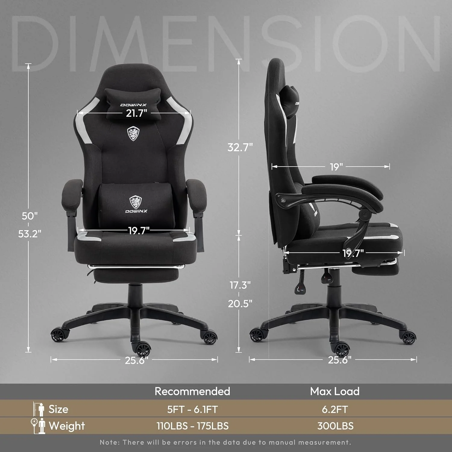 صندلی گیمینگ پارچه ای Dowinx با کوسن فنری پاکتی، صندلی کامپیوتر تنفسی با پشتیبانی کمری ماساژور و زیرپایی، صندلی اداری بازی پشتی بلند برای بزرگسالان، مشکی