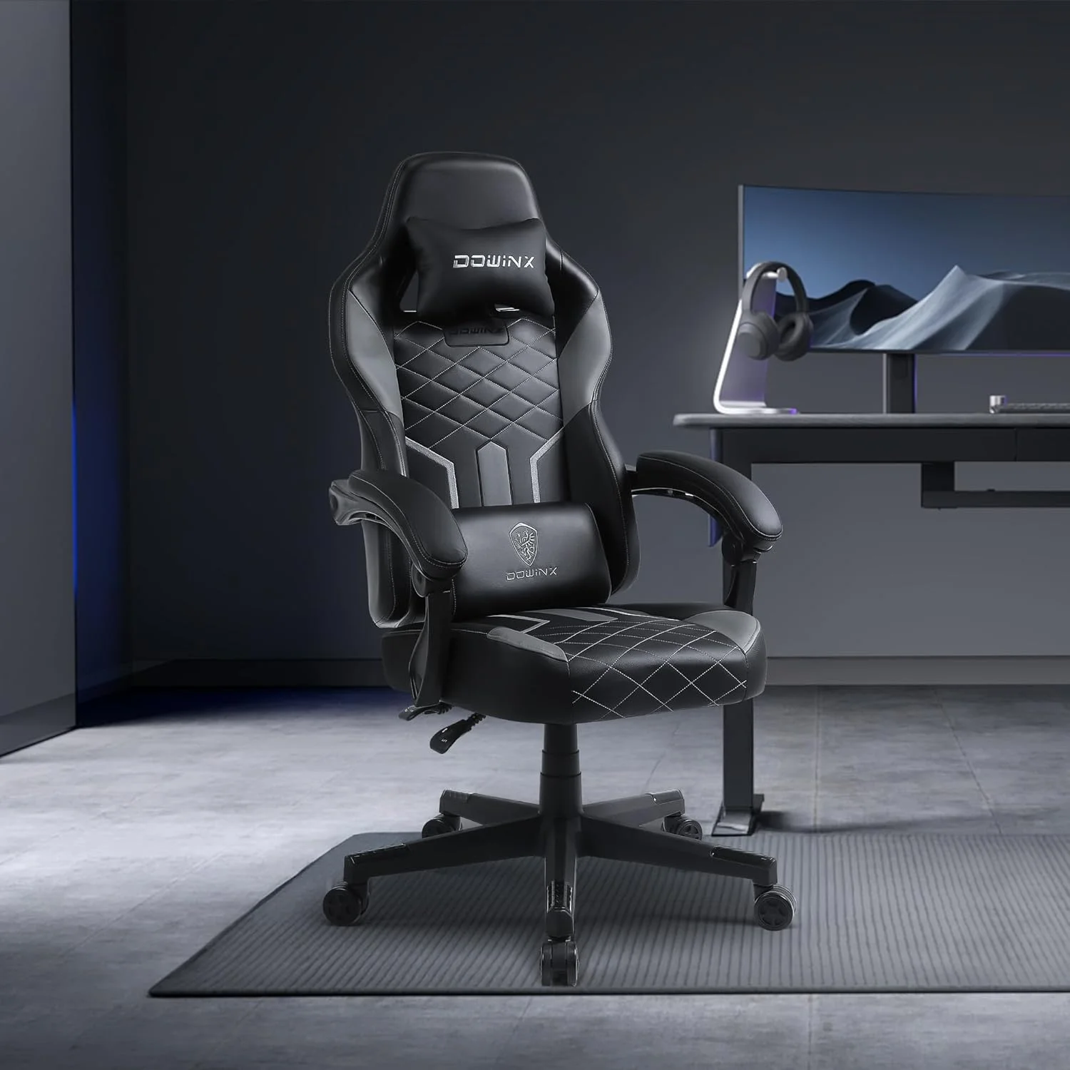 صندلی گیمینگ Dowinx با کوسن فنری، صندلی گیمینگ ارگونومیک با پشتیبانی کمری ماساژور، صندلی اداری چرمی PU، پشتی پهن شده، 180 کیلوگرم (مشکی قرمز)