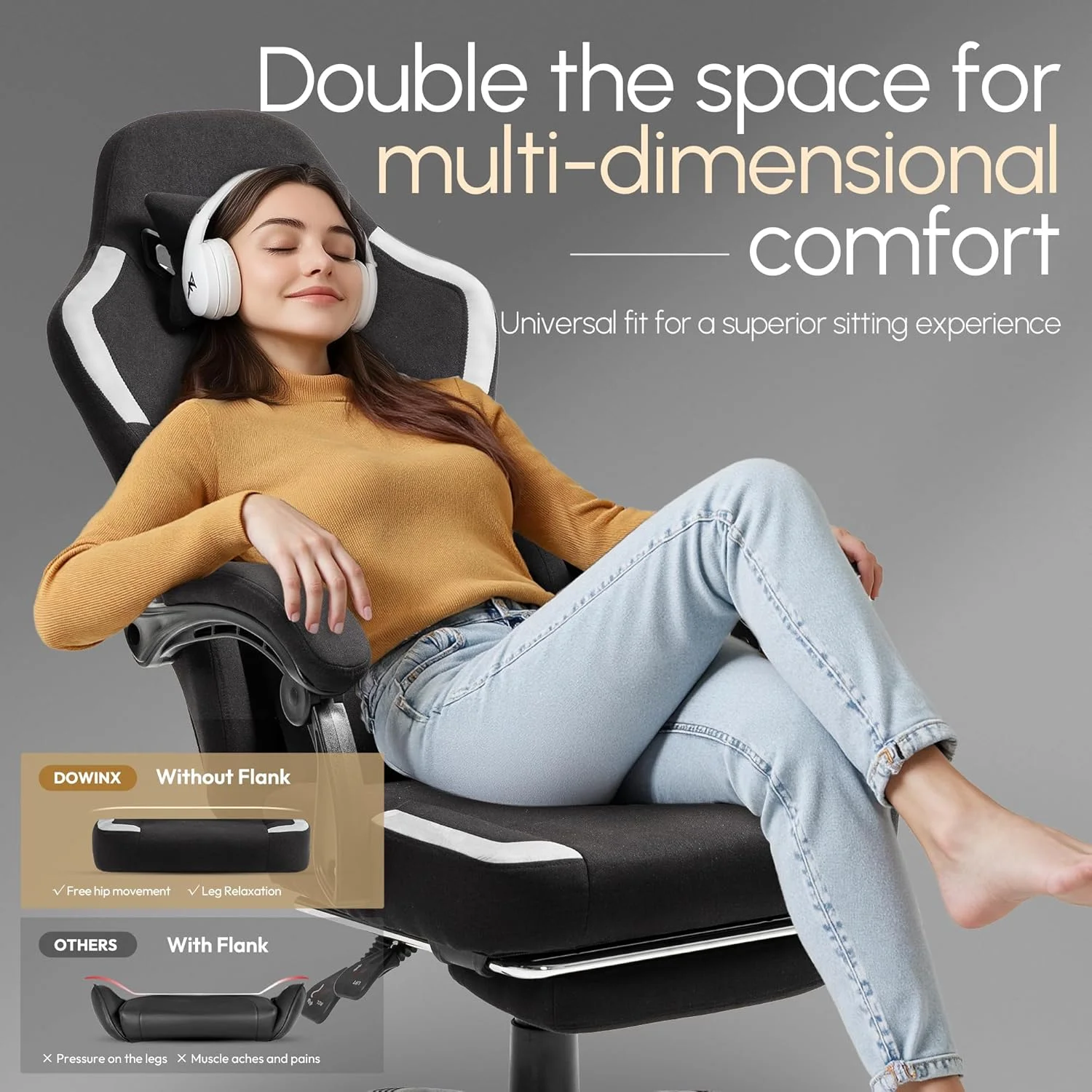 صندلی گیمینگ پارچه ای Dowinx با کوسن فنری پاکتی، صندلی کامپیوتر تنفسی با پشتیبانی کمری ماساژور و زیرپایی، صندلی اداری بازی پشتی بلند برای بزرگسالان، مشکی