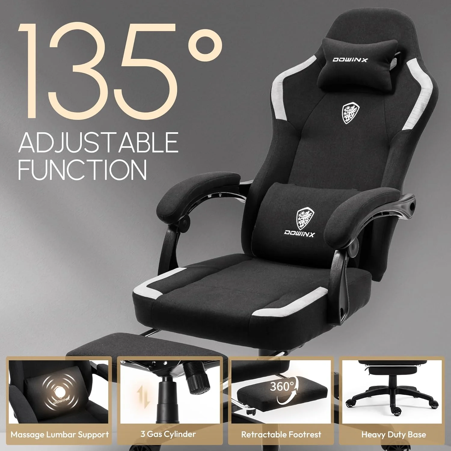 صندلی گیمینگ پارچه ای Dowinx با کوسن فنری پاکتی، صندلی کامپیوتر تنفسی با پشتیبانی کمری ماساژور و زیرپایی، صندلی اداری بازی پشتی بلند برای بزرگسالان، مشکی