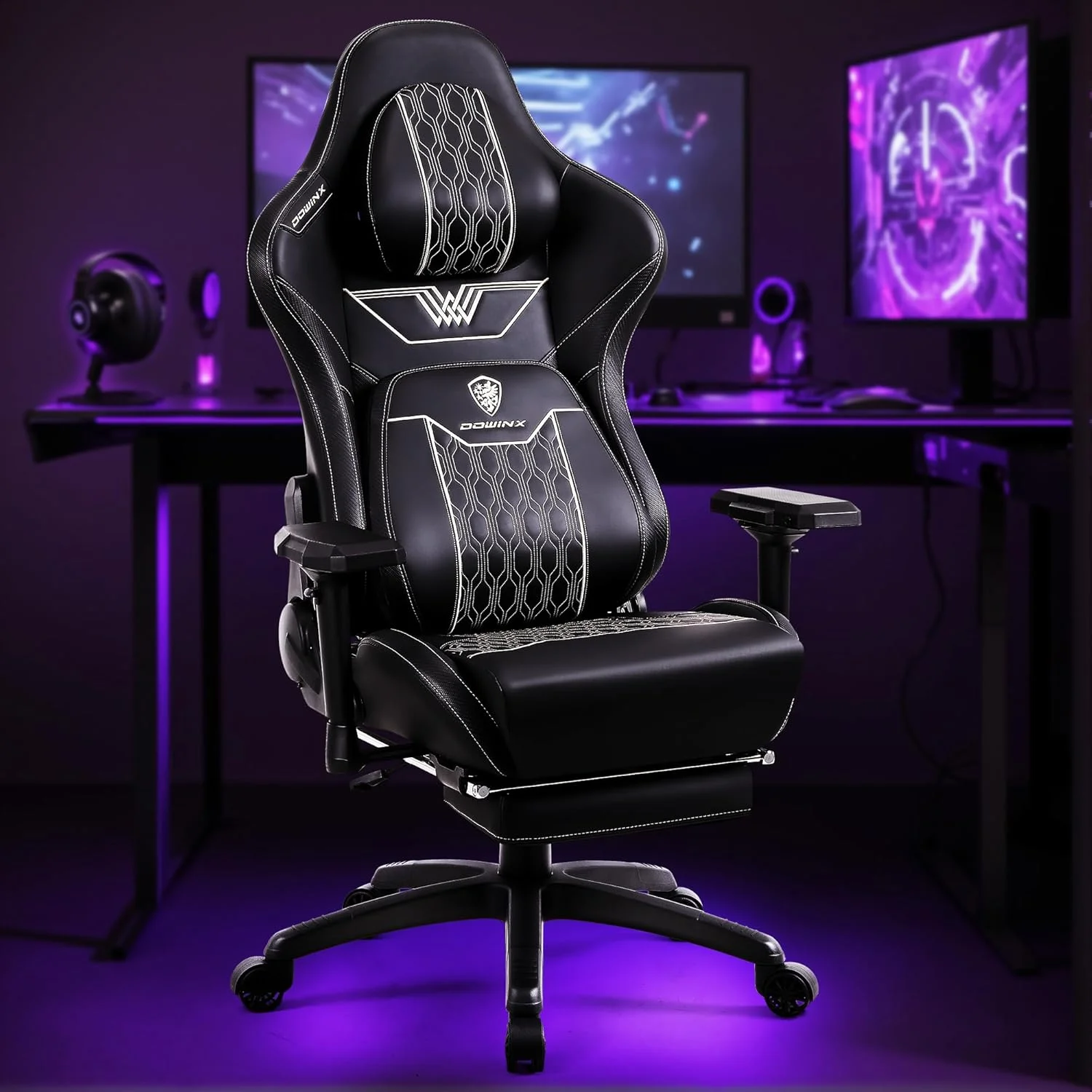 صندلی گیمینگ Dowinx با پشتیبانی کمری، صندلی کامپیوتر ارگونومیک با زیرسری و زیرپایی راحت، صندلی اداری بازی بزرگ و بلند برای بزرگسالان، چرم PU پشتی بلند، 350 پوند، مشکی